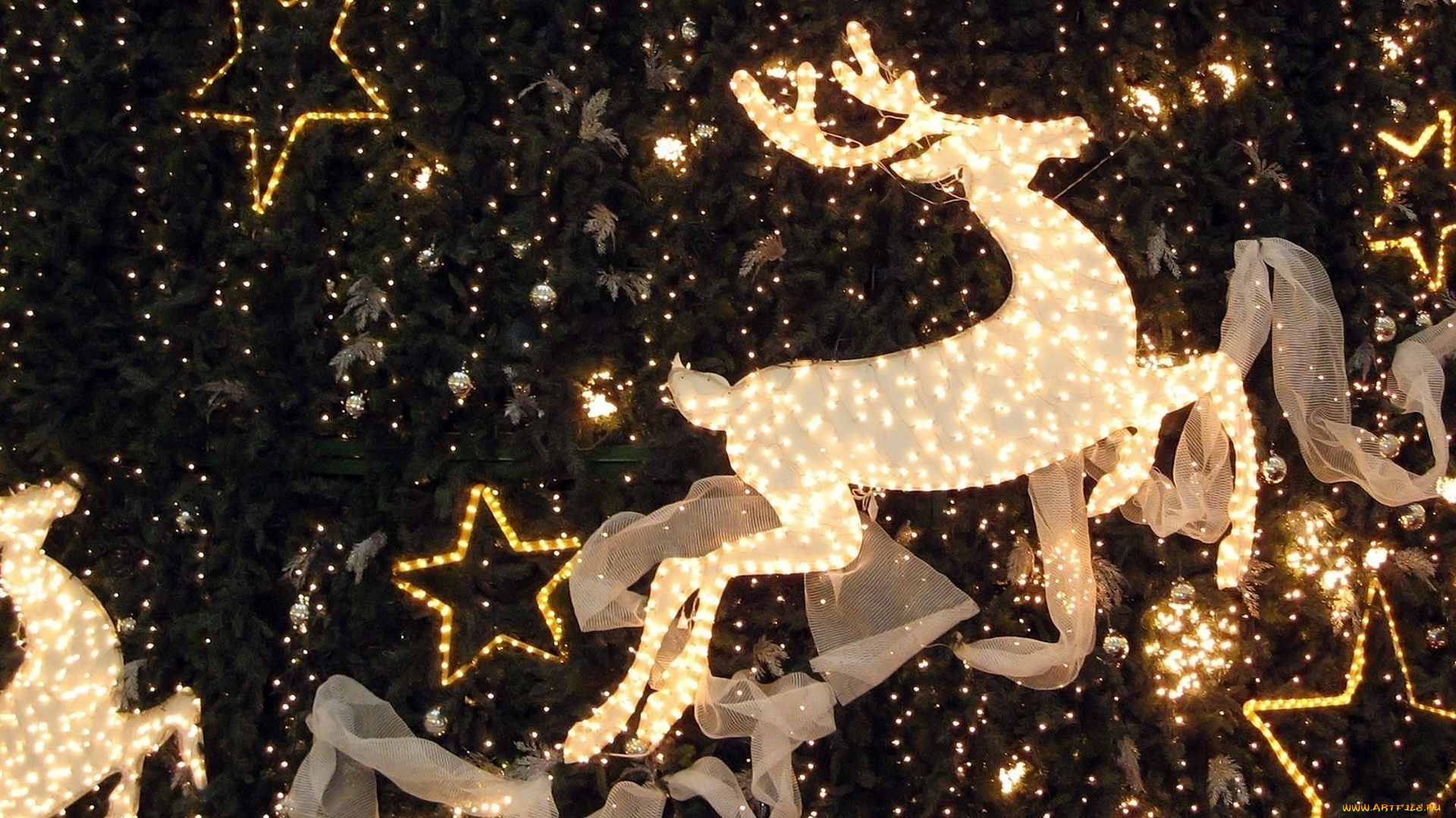 праздничные, украшения, олени, ёлка, звезды, гирлянды