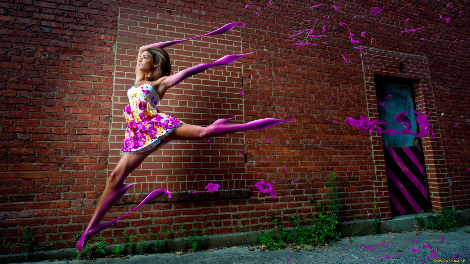 разное, компьютерный, дизайн, девушка, компьютерный, дизайн, улица, бег, платье, краска, стена, кирпич