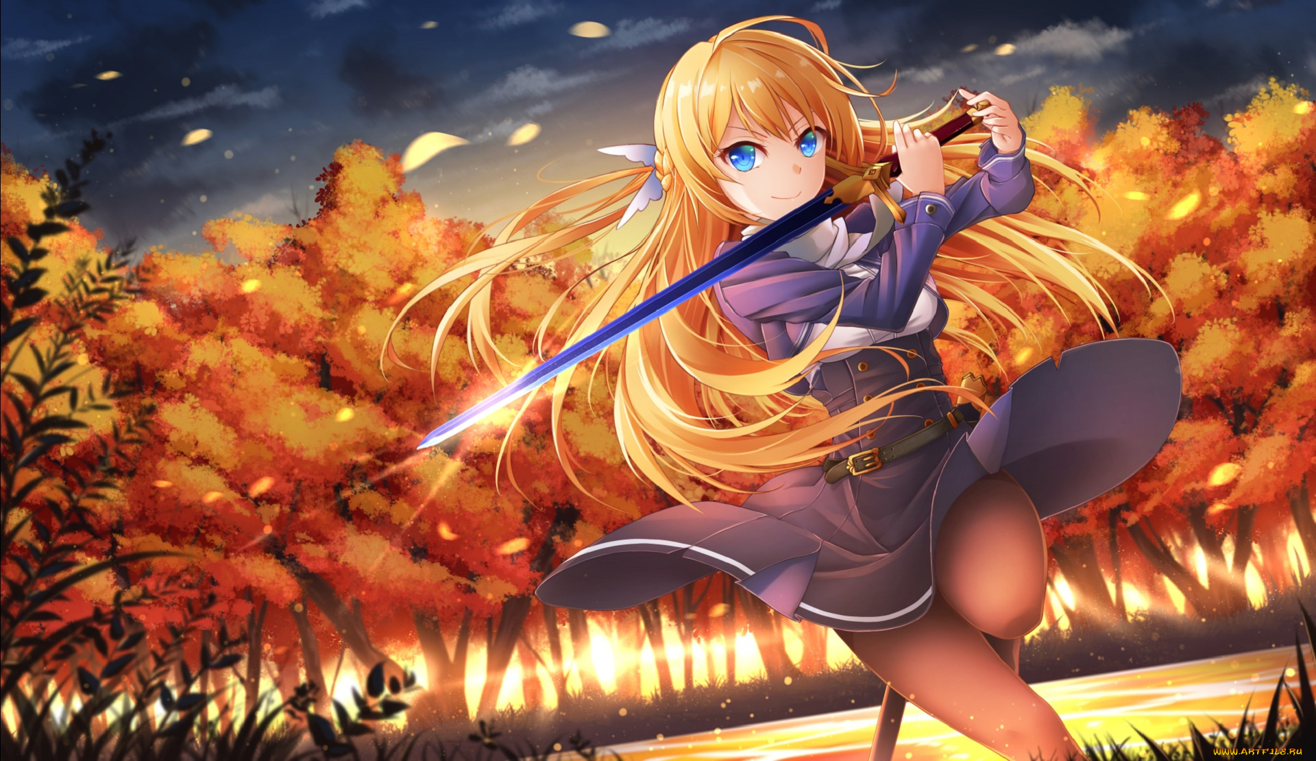 аниме, оружие, , техника, , технологии, healther, осень, лес, девушка, меч