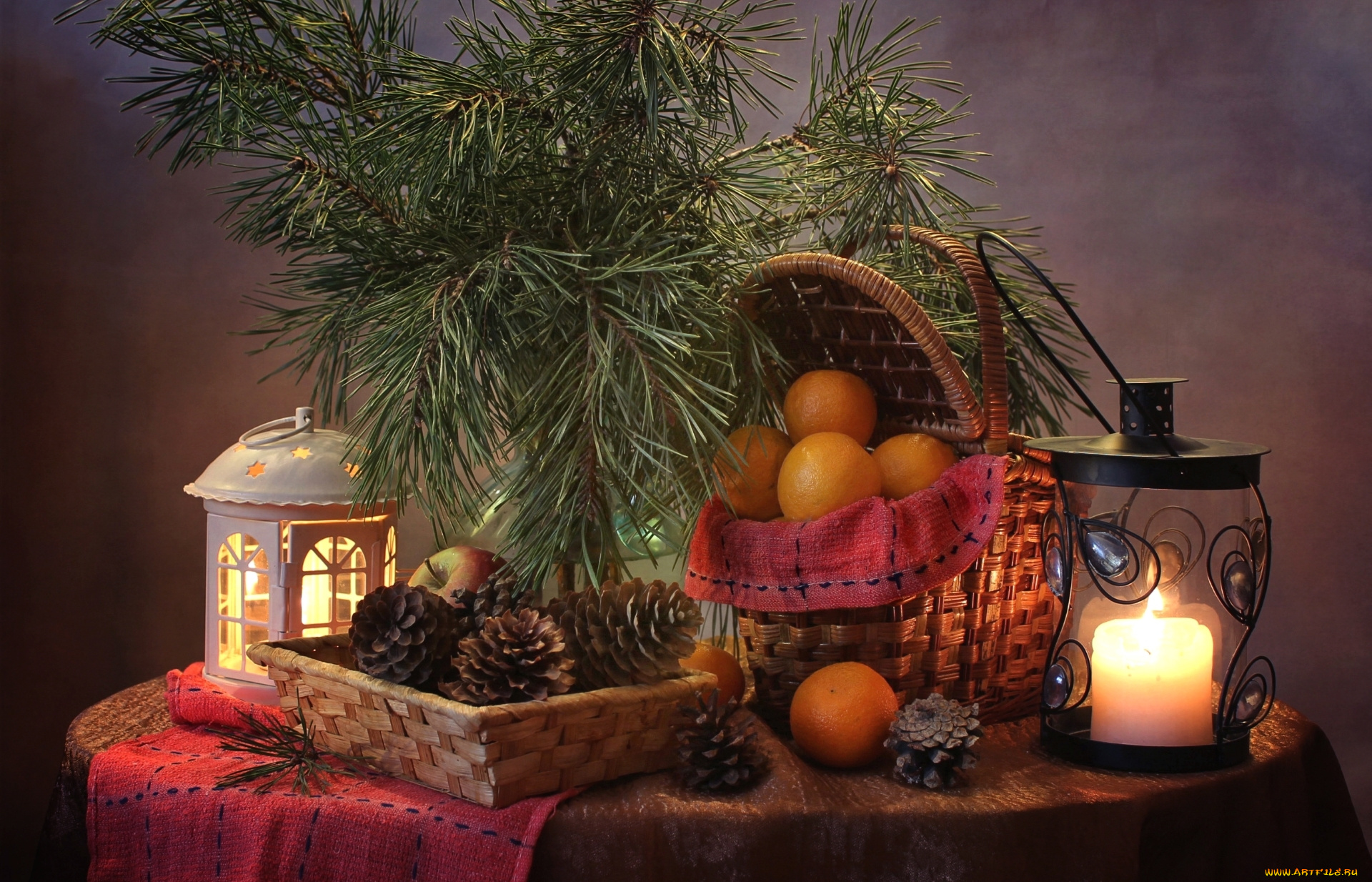 еда, фрукты, , ягоды, сосна, апельсин, фонарь, яблоко, шишки, свеча