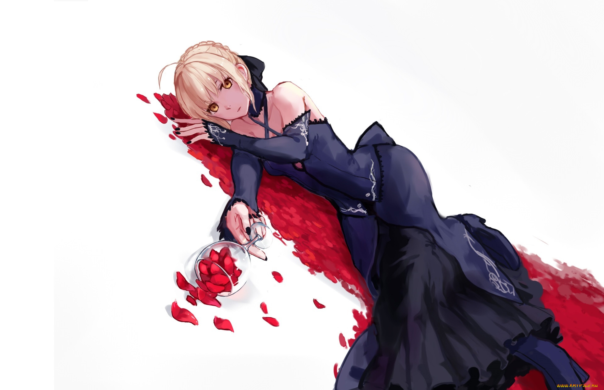 аниме, fate, stay, night, stay, night, saber, alter, kubiao, бокал, лепестки, девушка, арт, артурия, сейбер