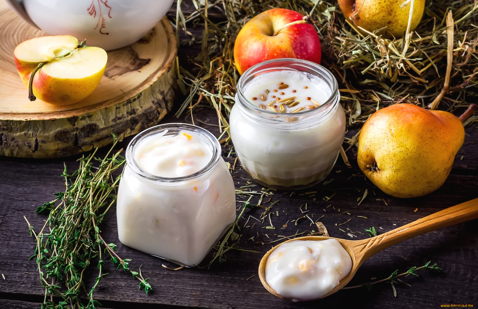 еда, мюсли, , хлопья, груша, яблоко, йогурт