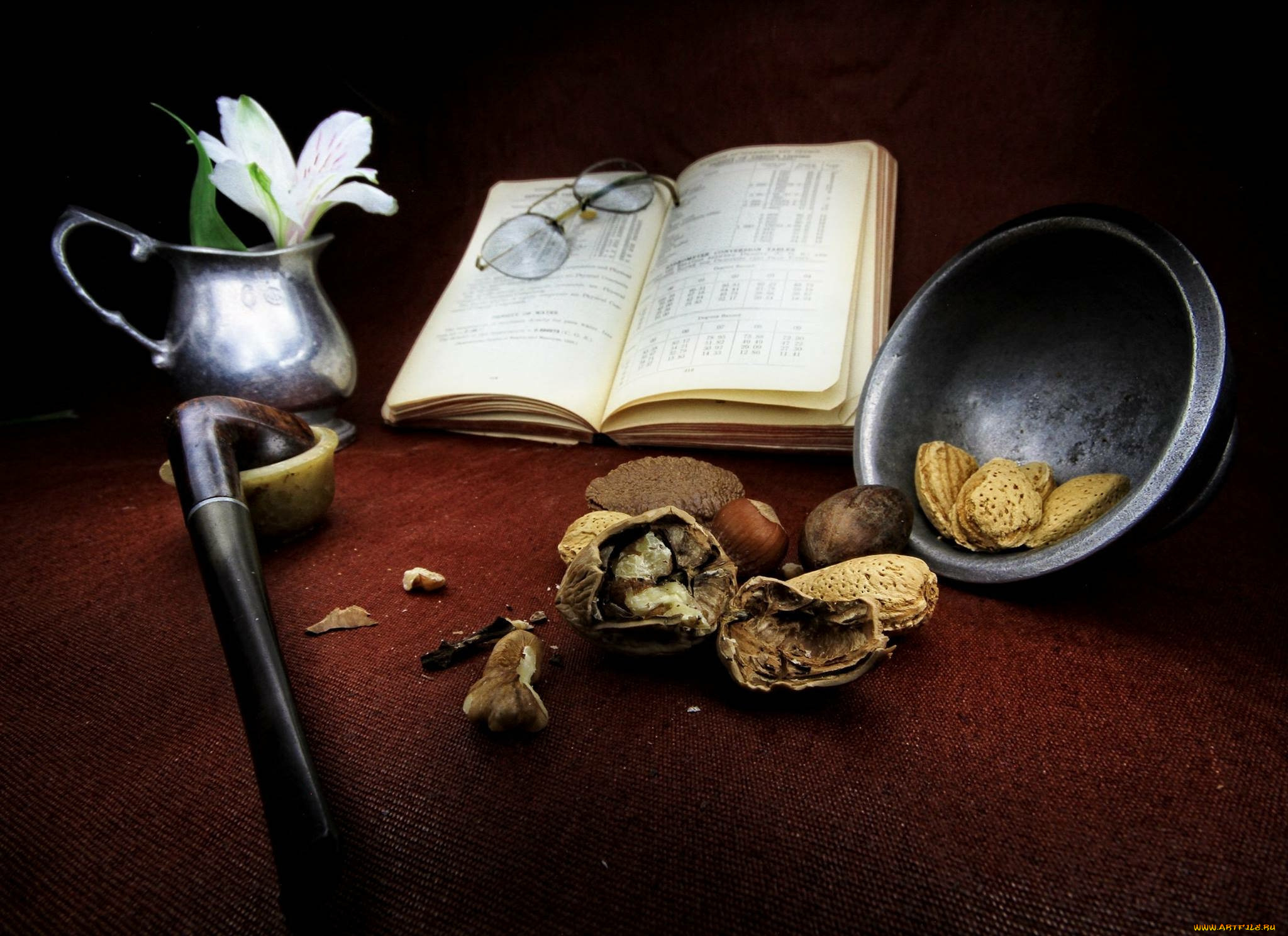 еда, натюрморт, очки, книга, трость, орехи