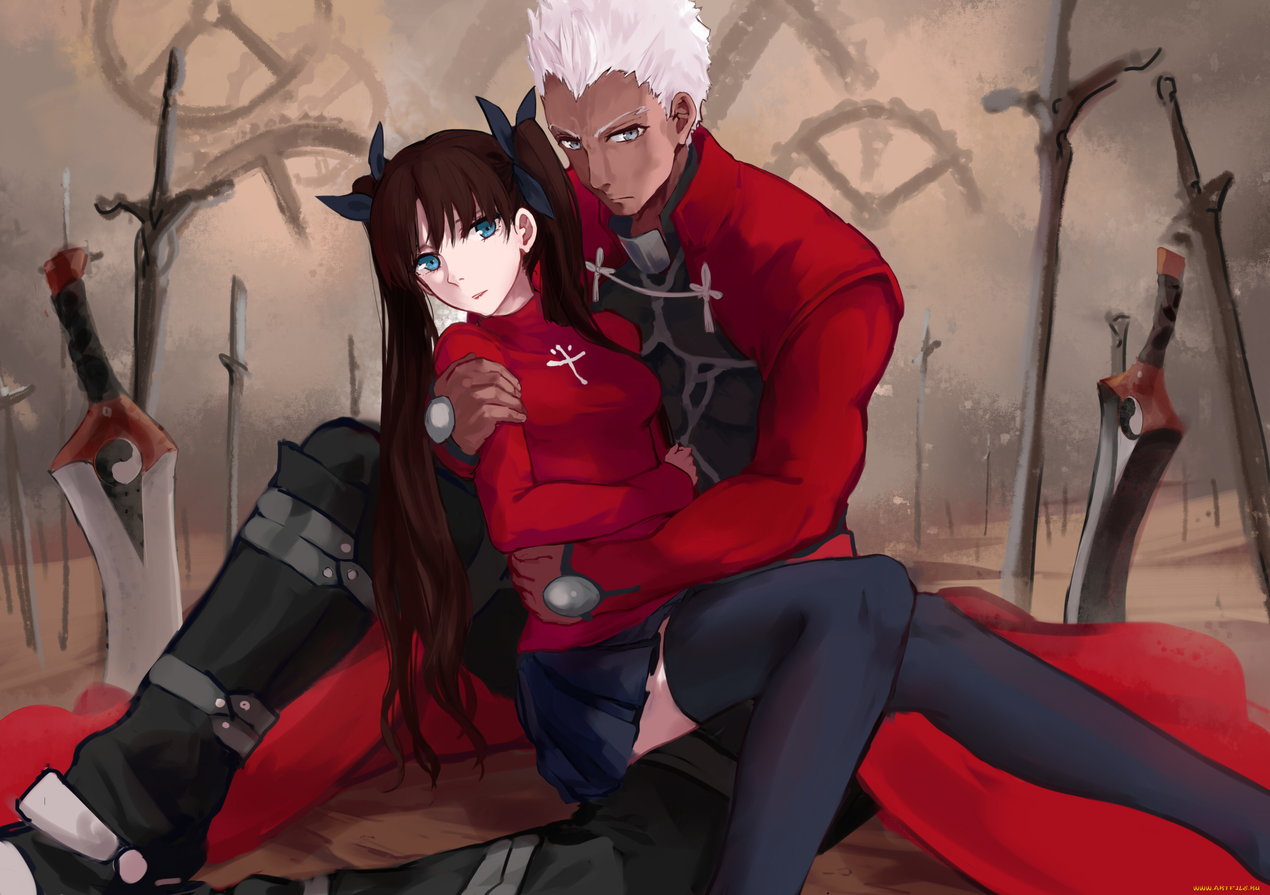 аниме, fate, stay, night, stay, night, archer, tohsaka, rin, kubiao, мечи, слуга, мастер, арчер, рин, пара