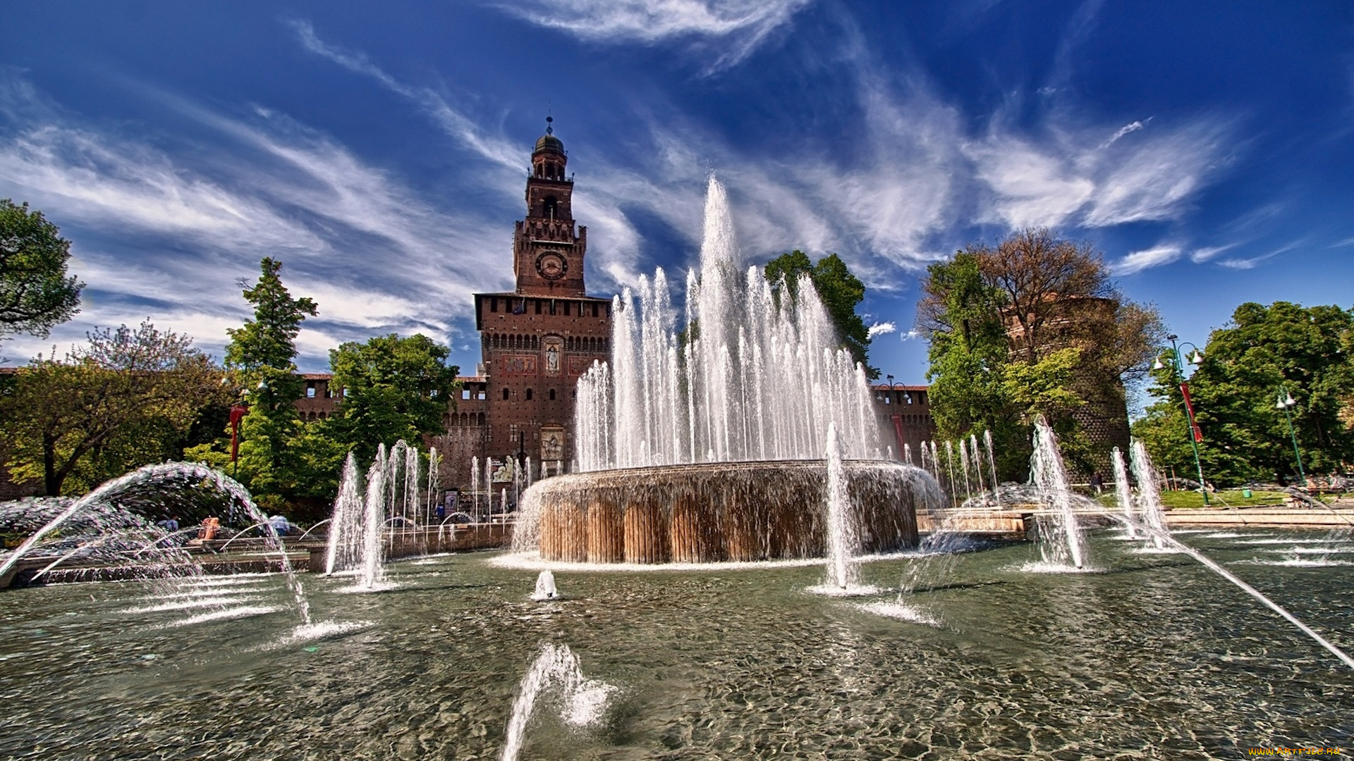 города, милан, , италия, фонтан