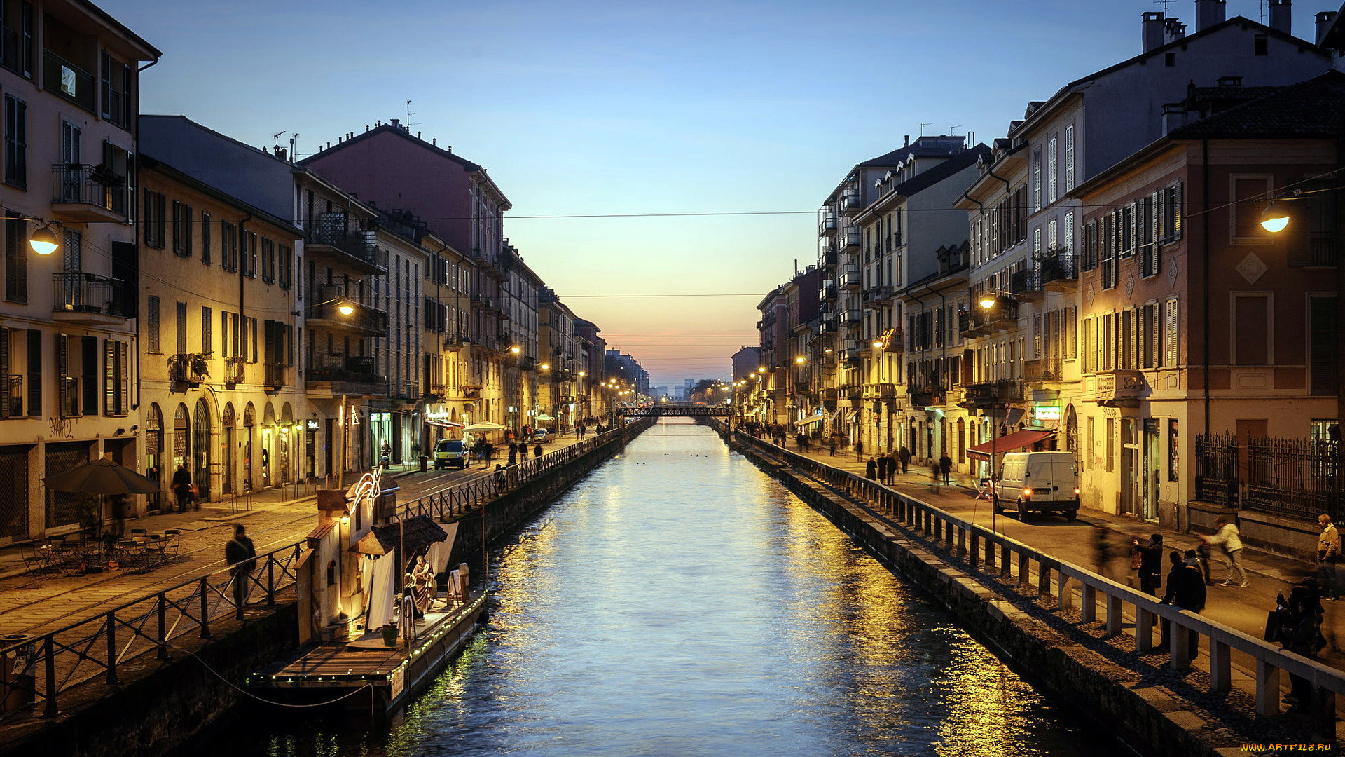 города, милан, , италия, набережная, река, вечер