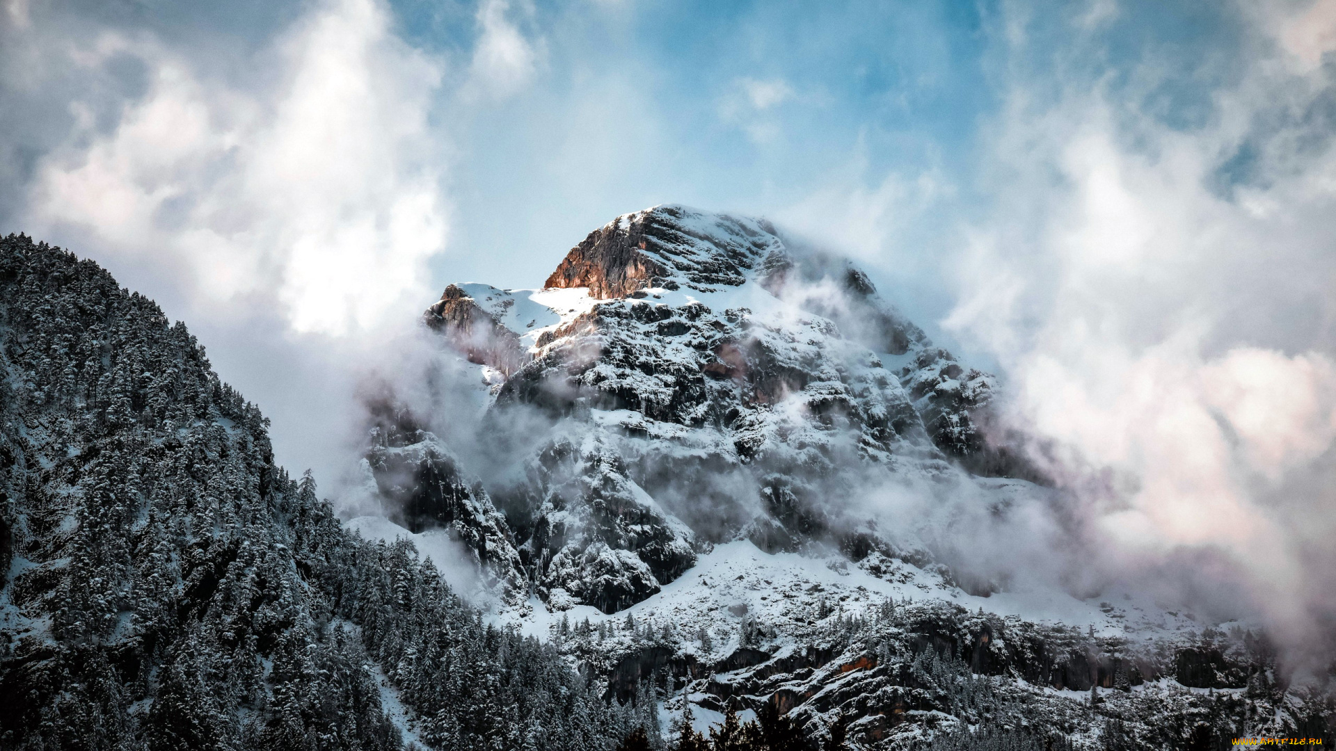 природа, горы, облака, гора, снег, вершина