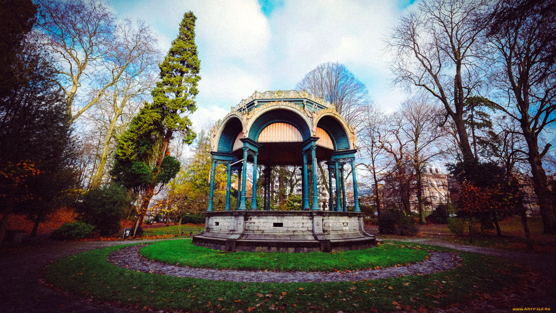 природа, парк, листопад, беседка, осень