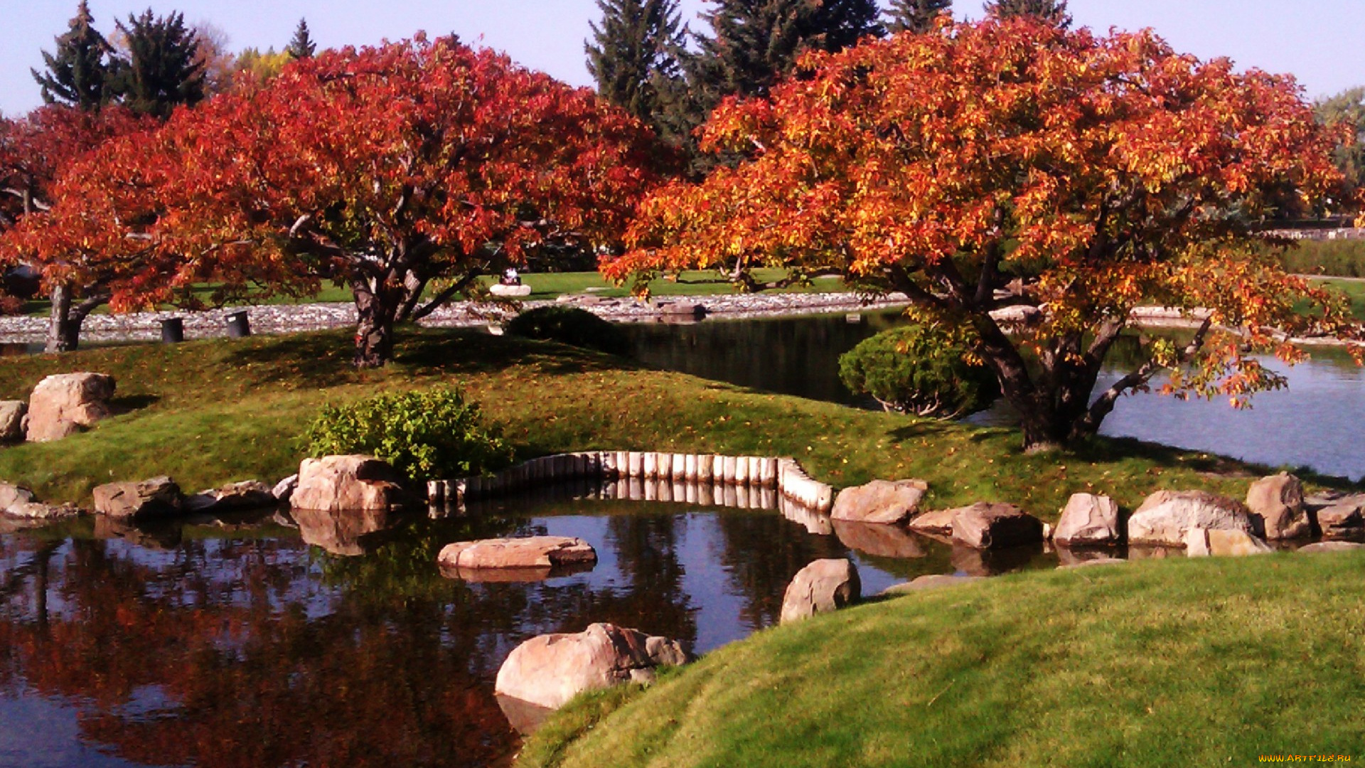 природа, парк, водоем, камни, деревья