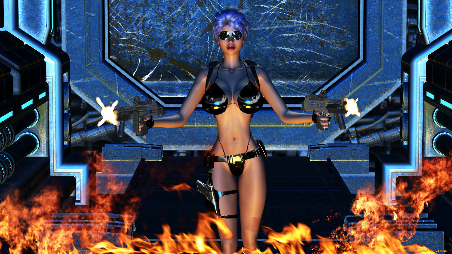 3д, графика, фантазия, , fantasy, девушка, фон, очки, оружие, купальник