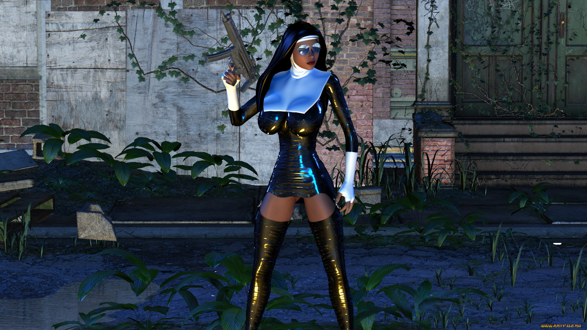 3д, графика, фантазия, , fantasy, девушка, фон, монашка, униформа, латекс, автомат