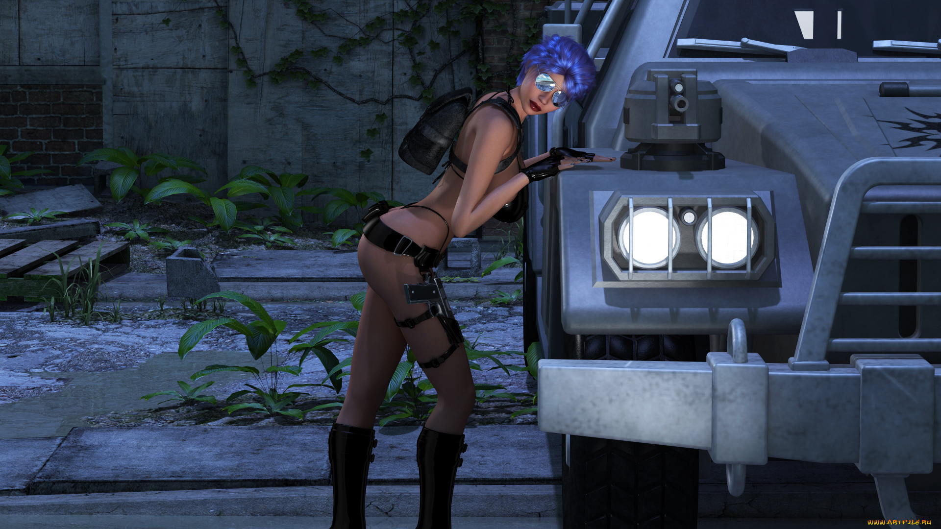 3д, графика, люди-авто, мото, , people-, car, , , moto, девушка, фон, очки, пистолет, автомобиль