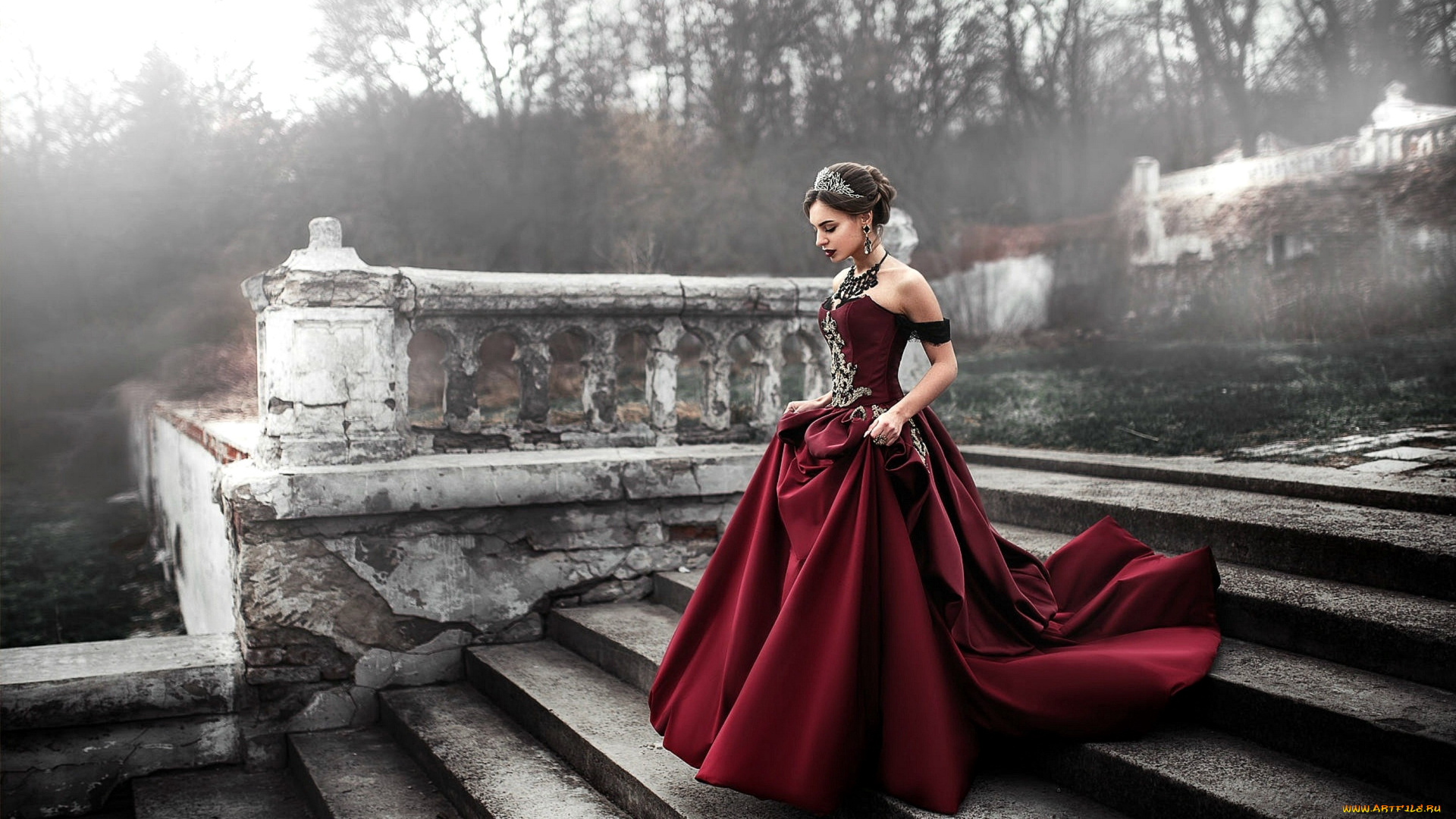 девушки, -, брюнетки, , шатенки, ступени, бальное, платье, туман