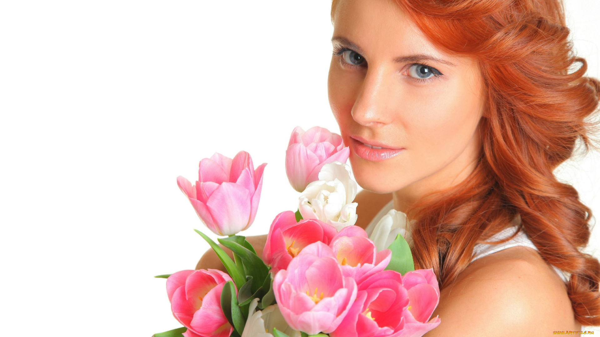 девушки, -, лица, , портреты, тюльпаны