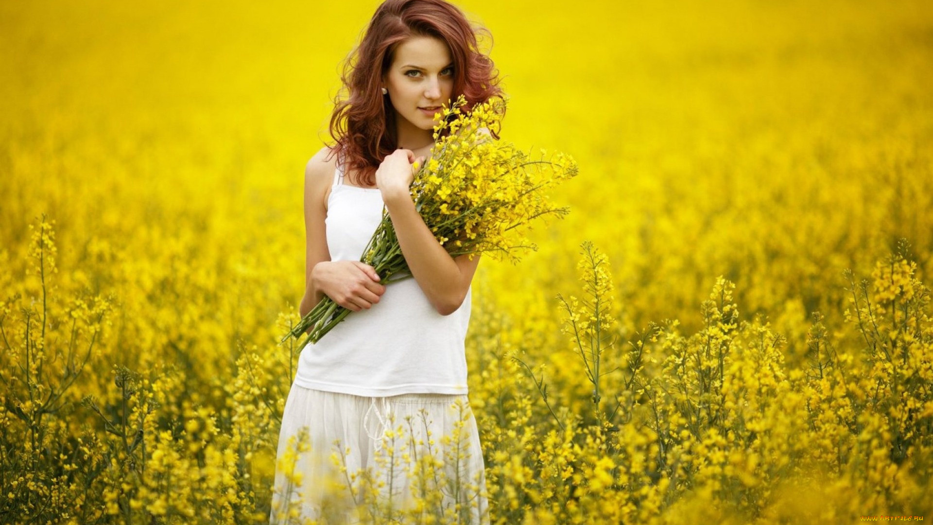 девушки, -, рыжеволосые, и, разноцветные, луг, лето, цветы, букет