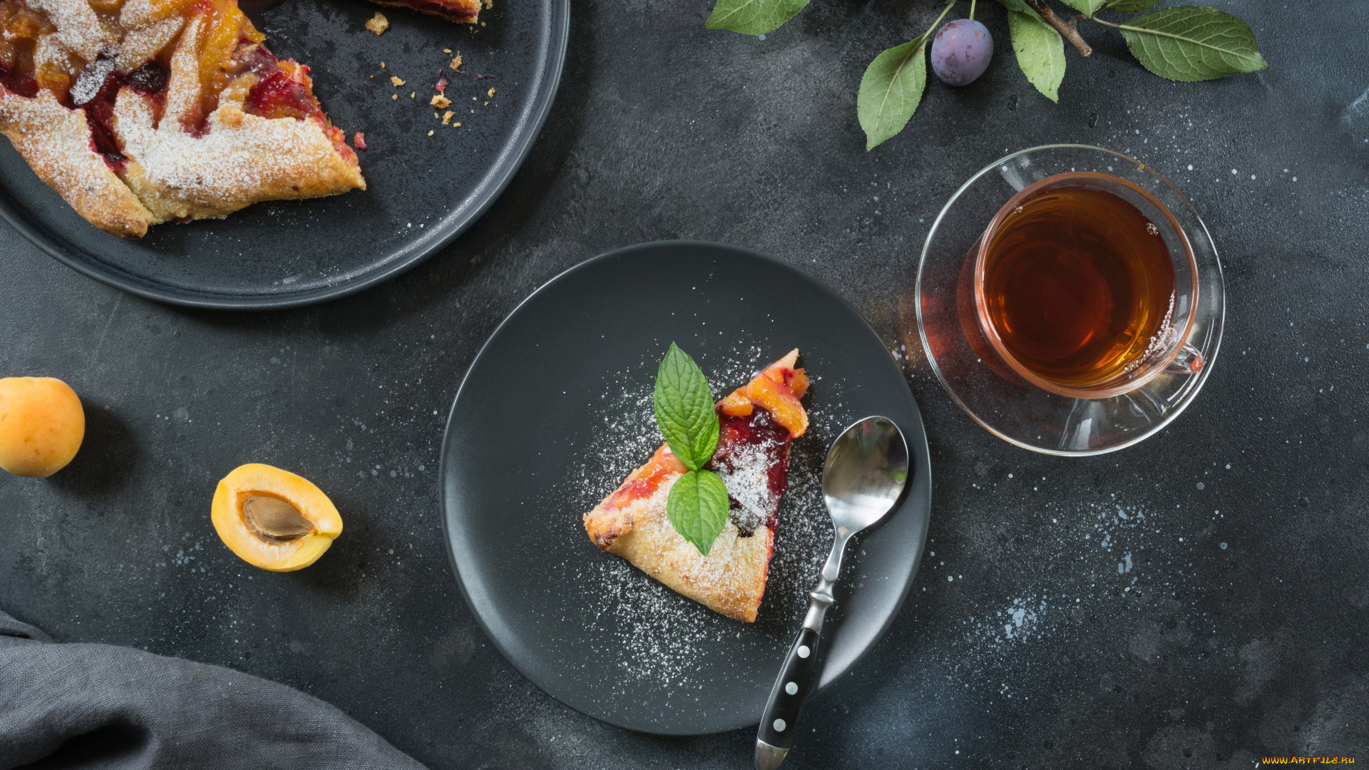 еда, пироги, чай, пирог, сливовый