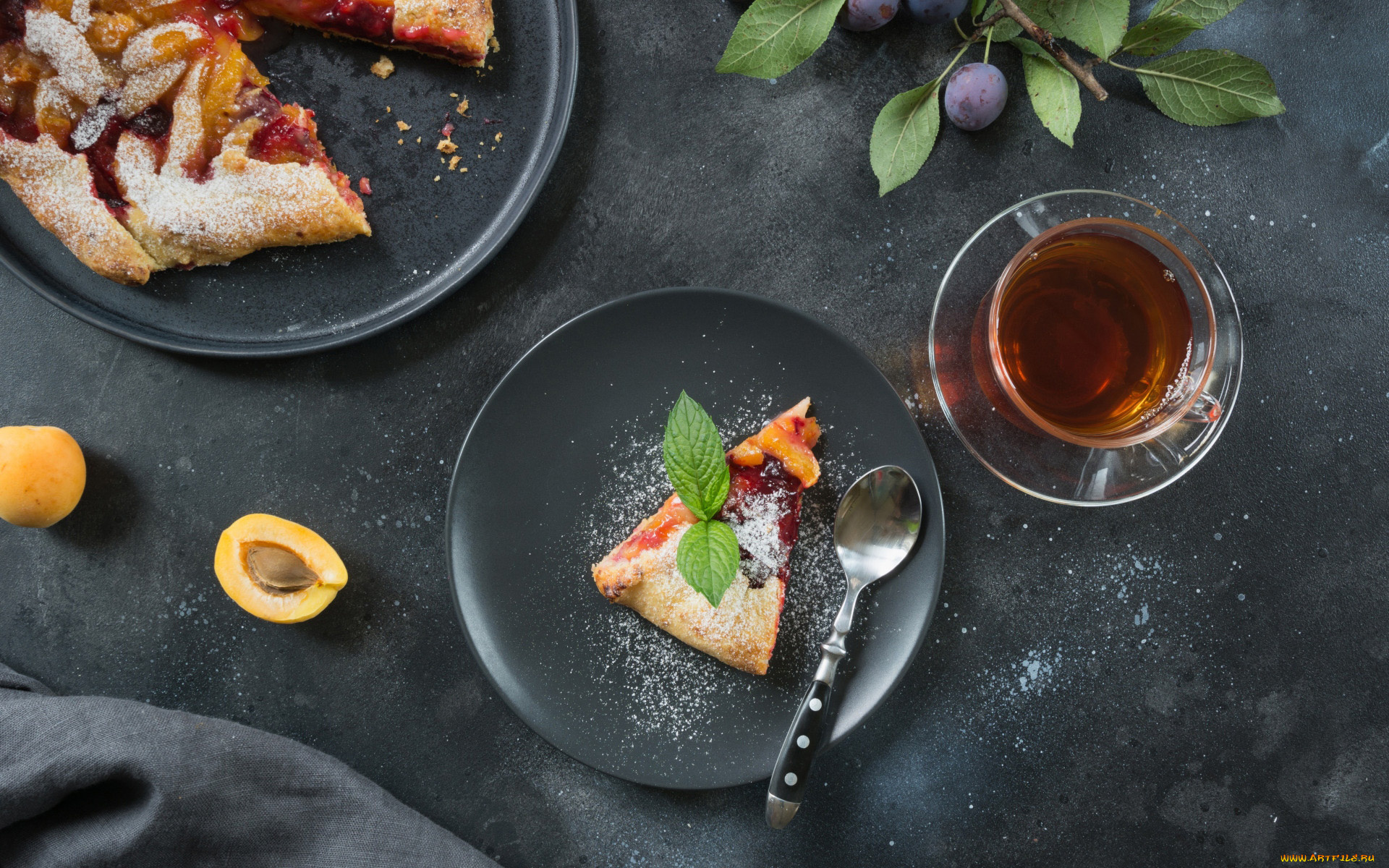 еда, пироги, чай, пирог, сливовый