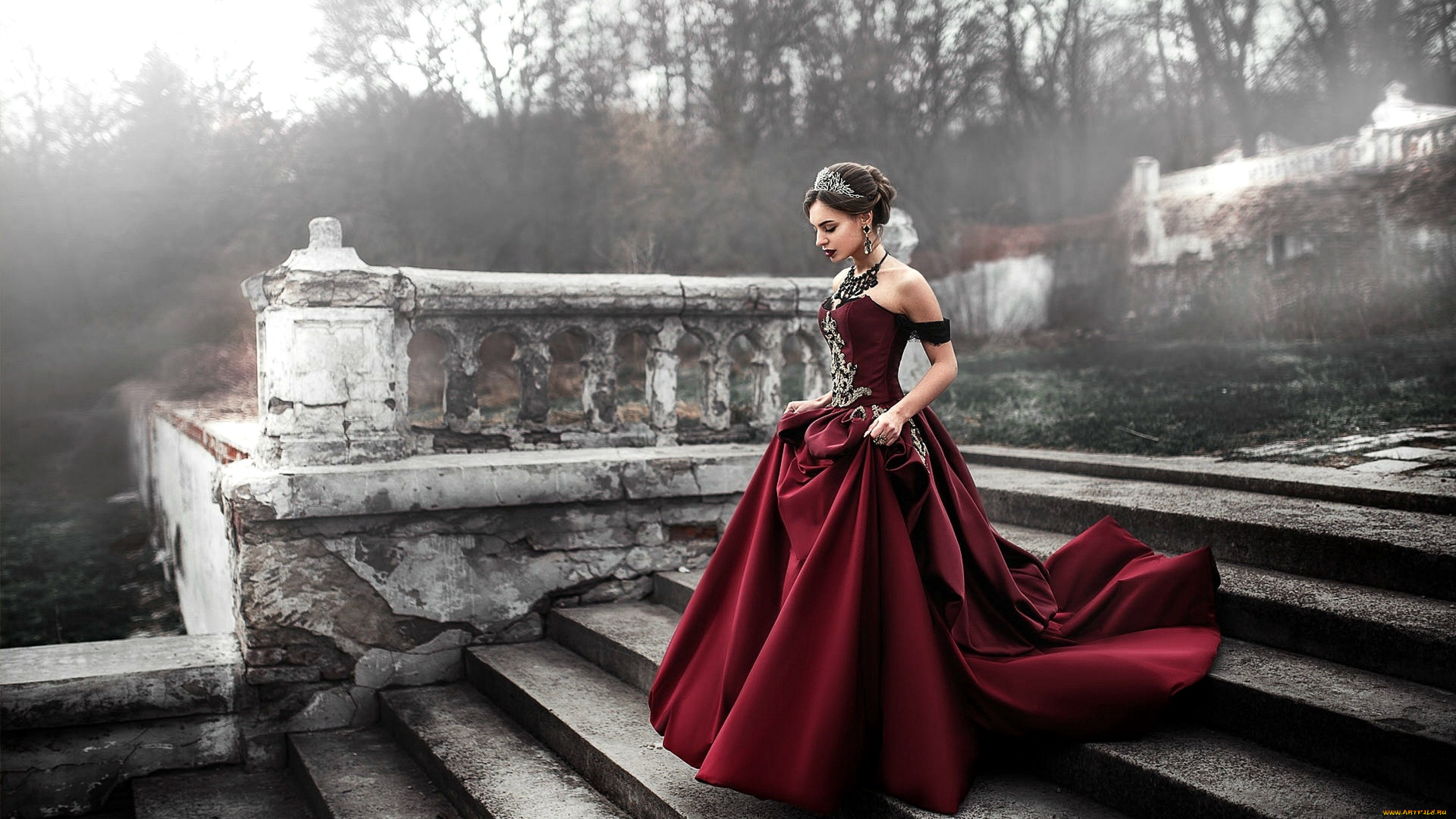 девушки, -, брюнетки, , шатенки, ступени, бальное, платье, туман