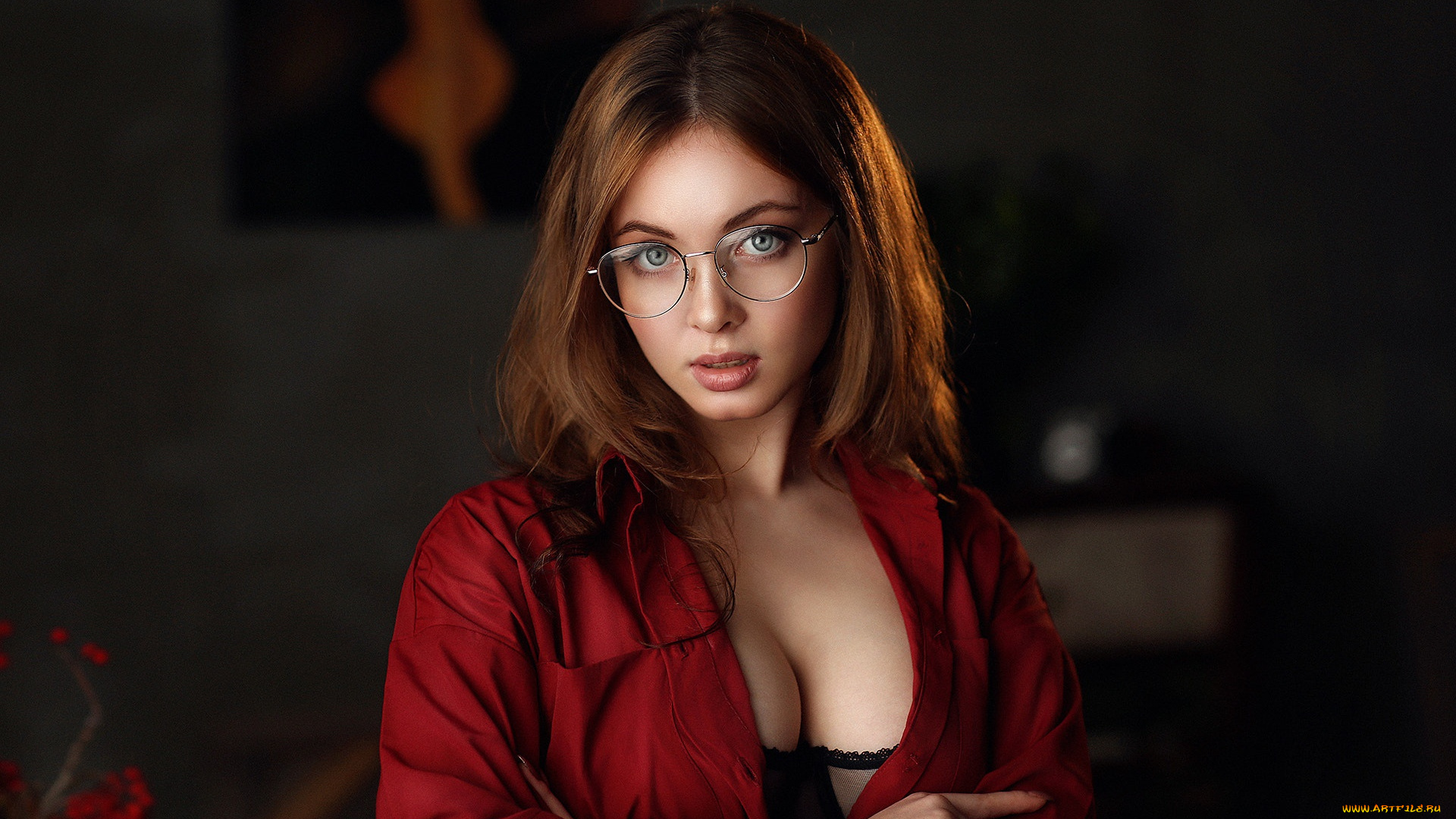 девушки, -, рыжеволосые, и, разноцветные, женщины, модель, портрет, в, очках, помещении, дмитрий, архар, декольте, елена, аленская