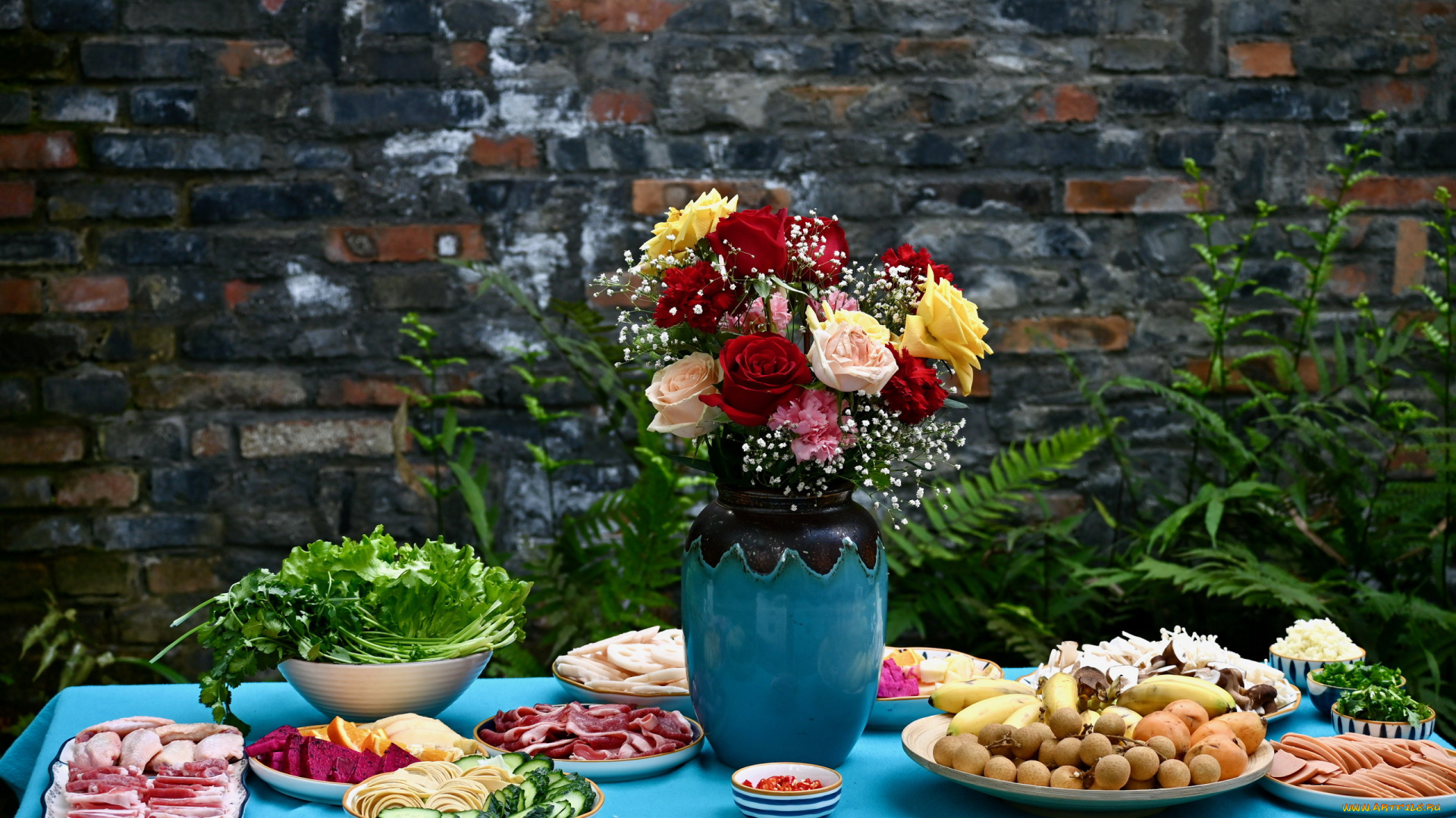 еда, разное, букет, овощи, нарезка, колбаса, фрукты