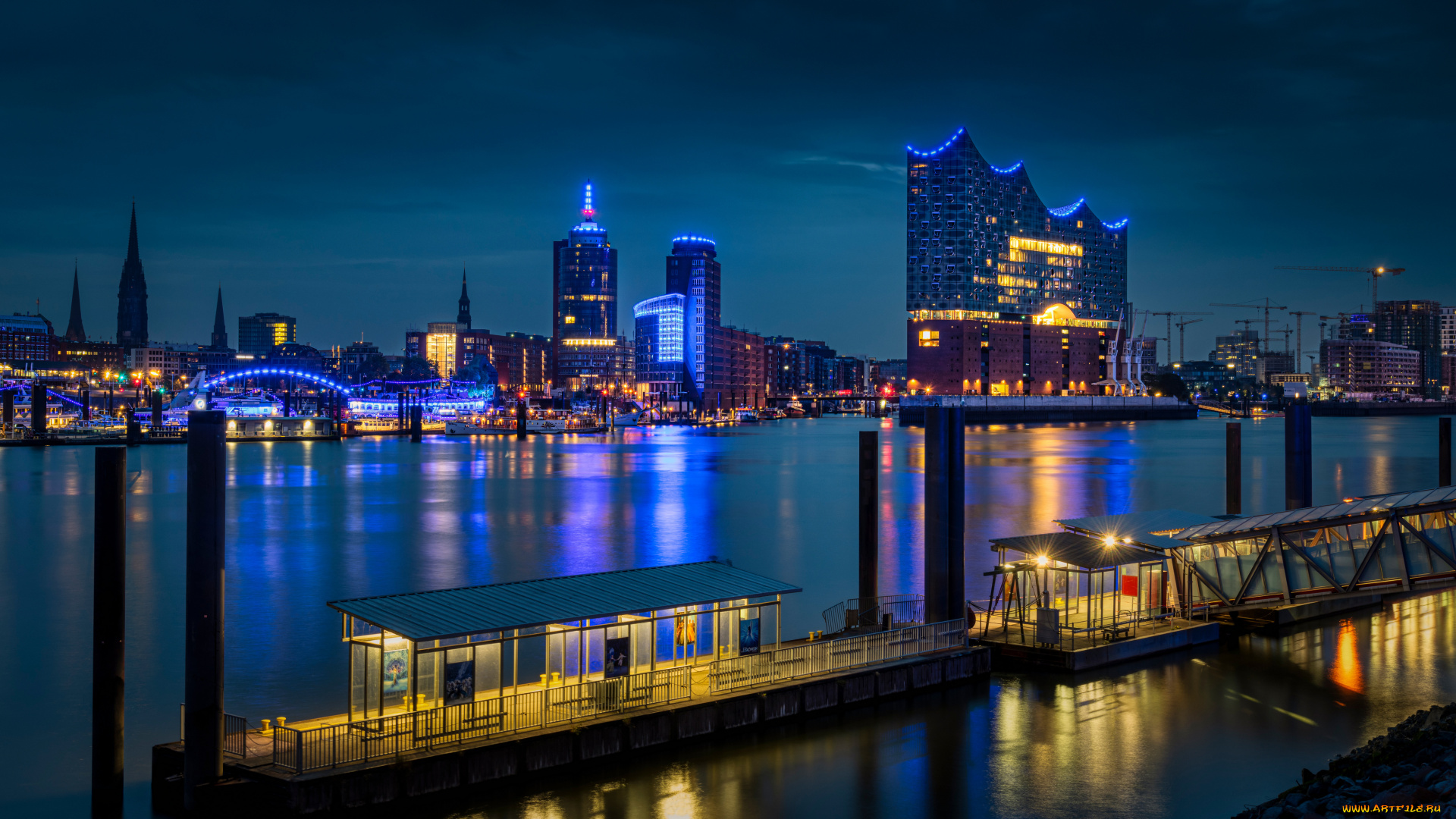 города, гамбург, , германия, гамбург, река, огни, здания, ночь