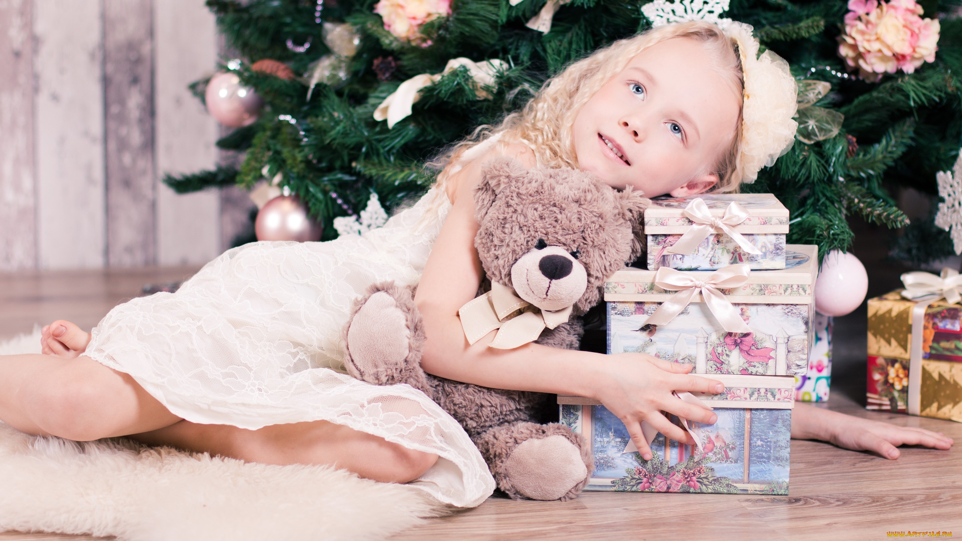 разное, дети, девочка, мишка, коробки, подарки, ёлка