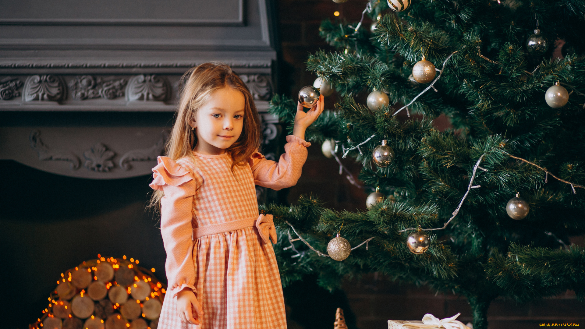 разное, дети, девочка, платье, ёлка, камин
