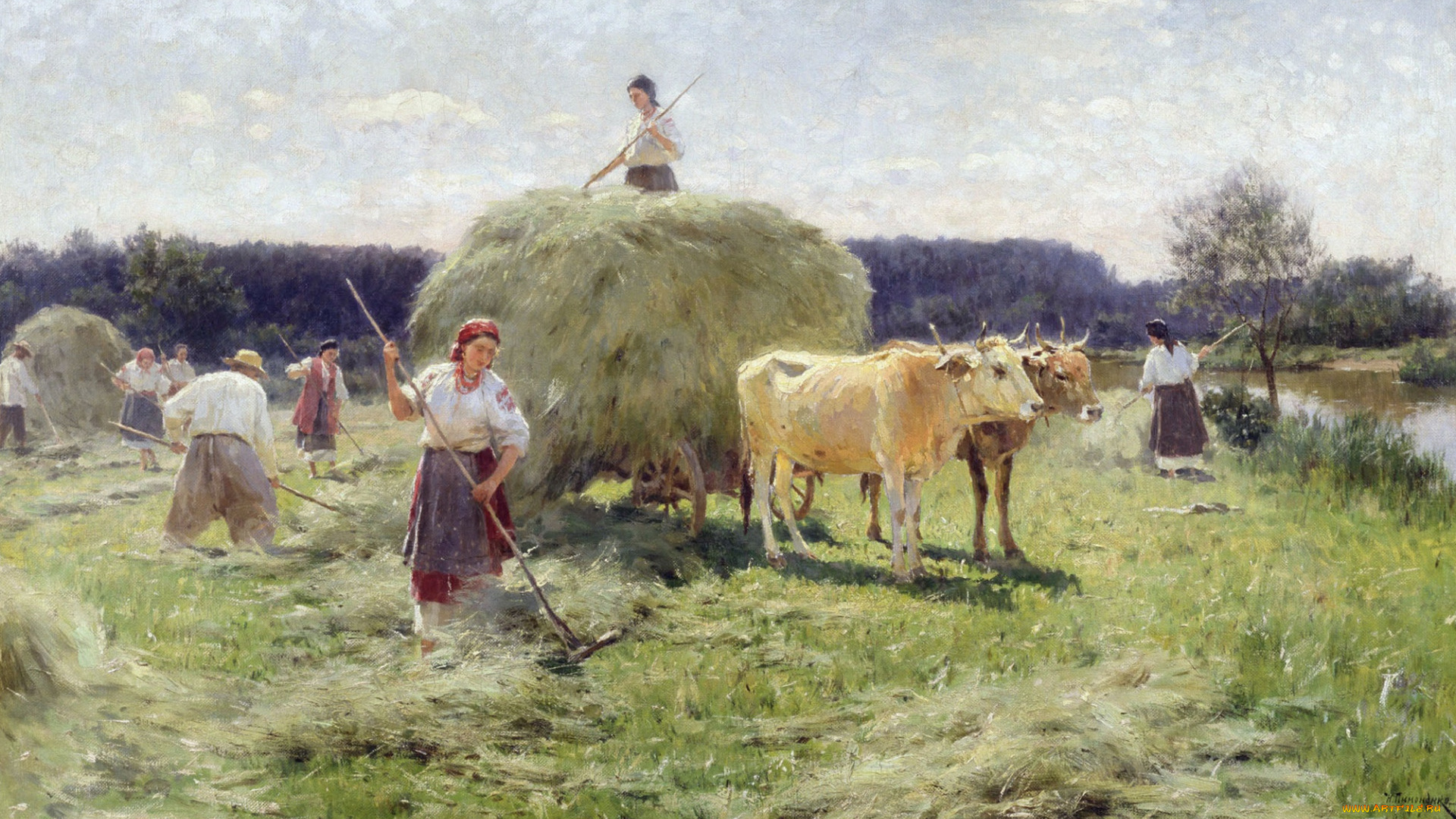 рисованное, николай, пимоненко, люди, волы, сенокос