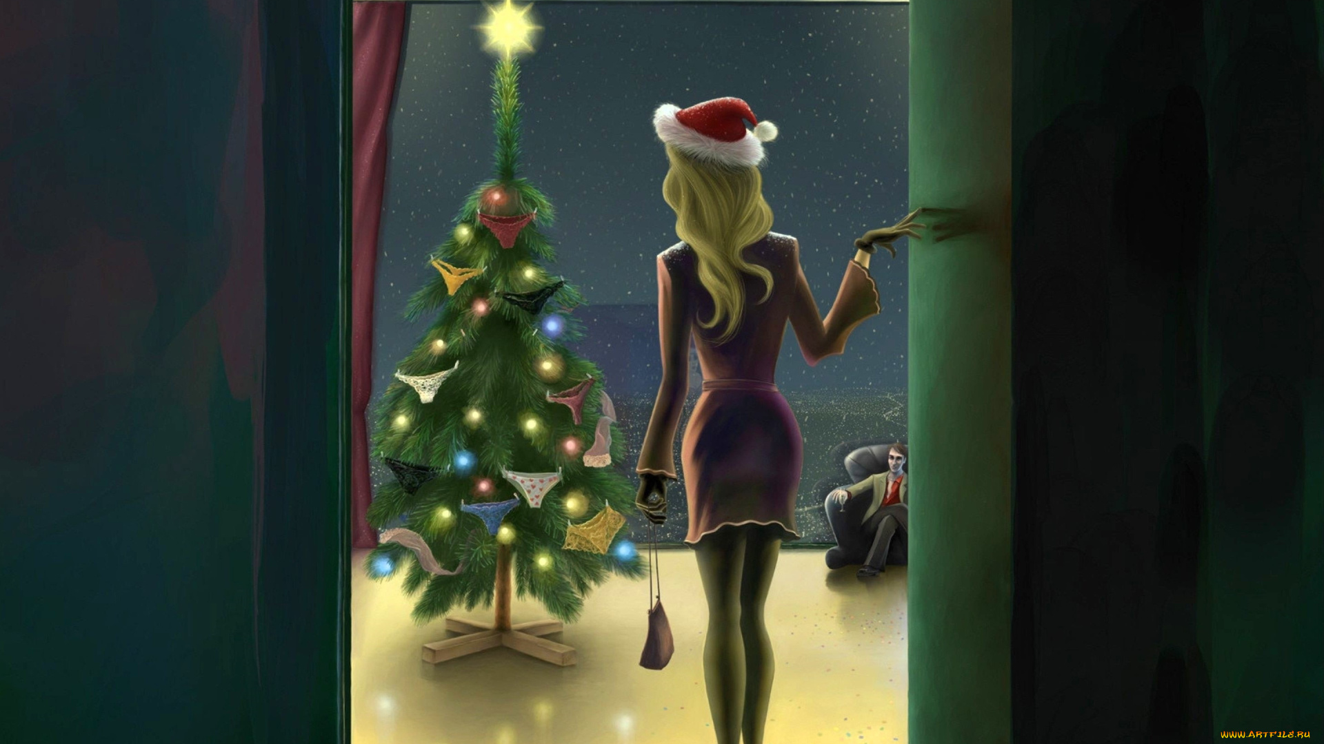 рисованное, люди, девушка, дверь, ёлка, трусики, мужчина