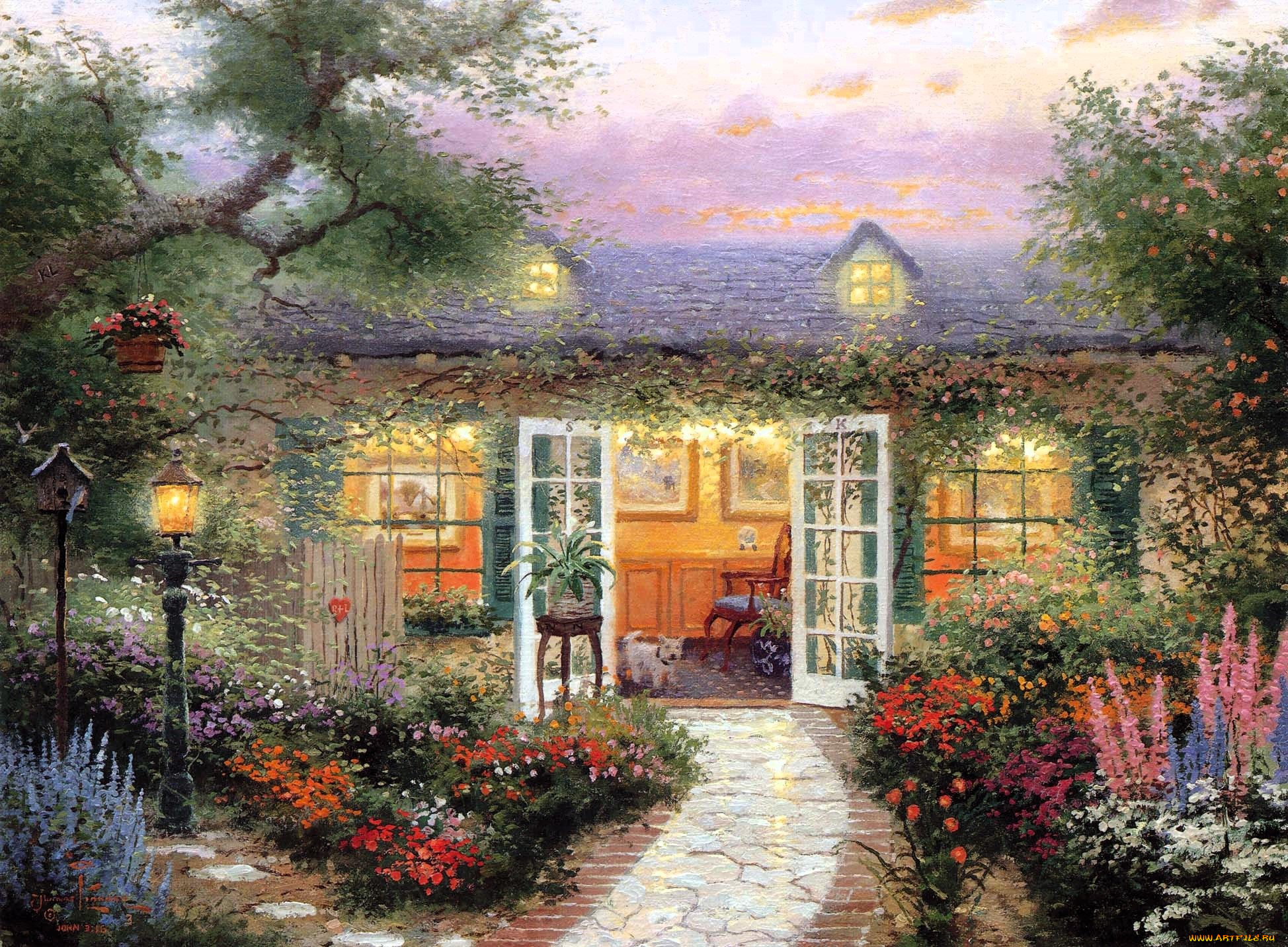рисованное, thomas, kinkade, дом, сад