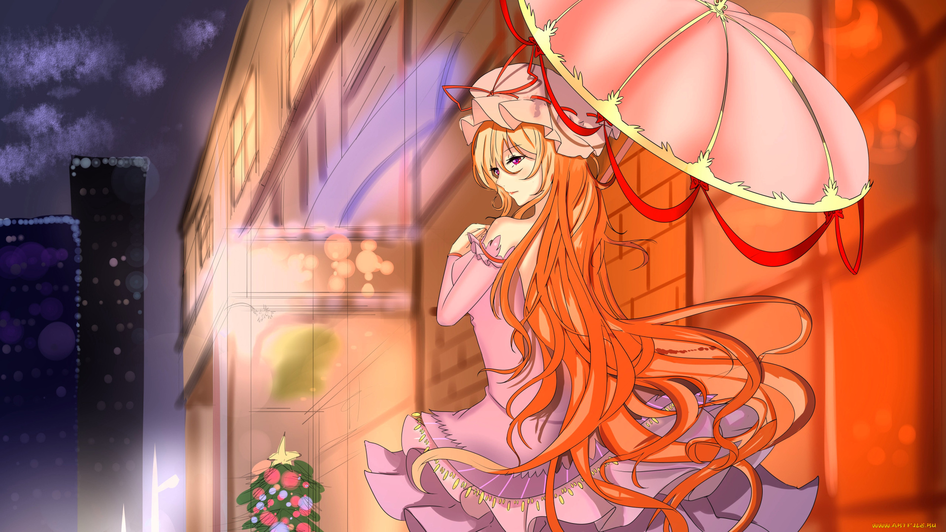 аниме, touhou, девушка, чепчик, зонт, дома, ёлка, город