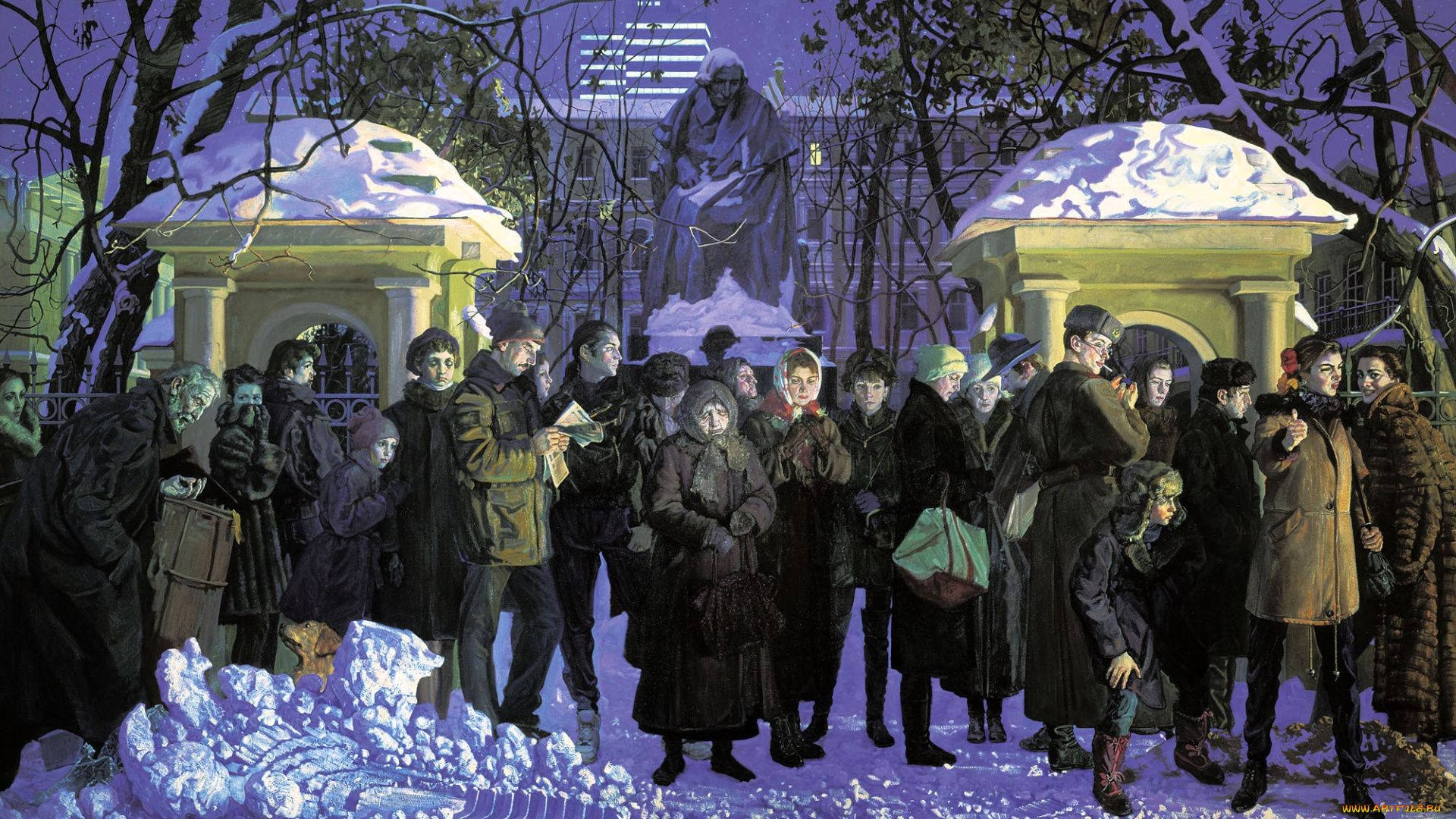 михаил, шаньков, рисованное, люди, остановка, снег, зима, здания, статуя