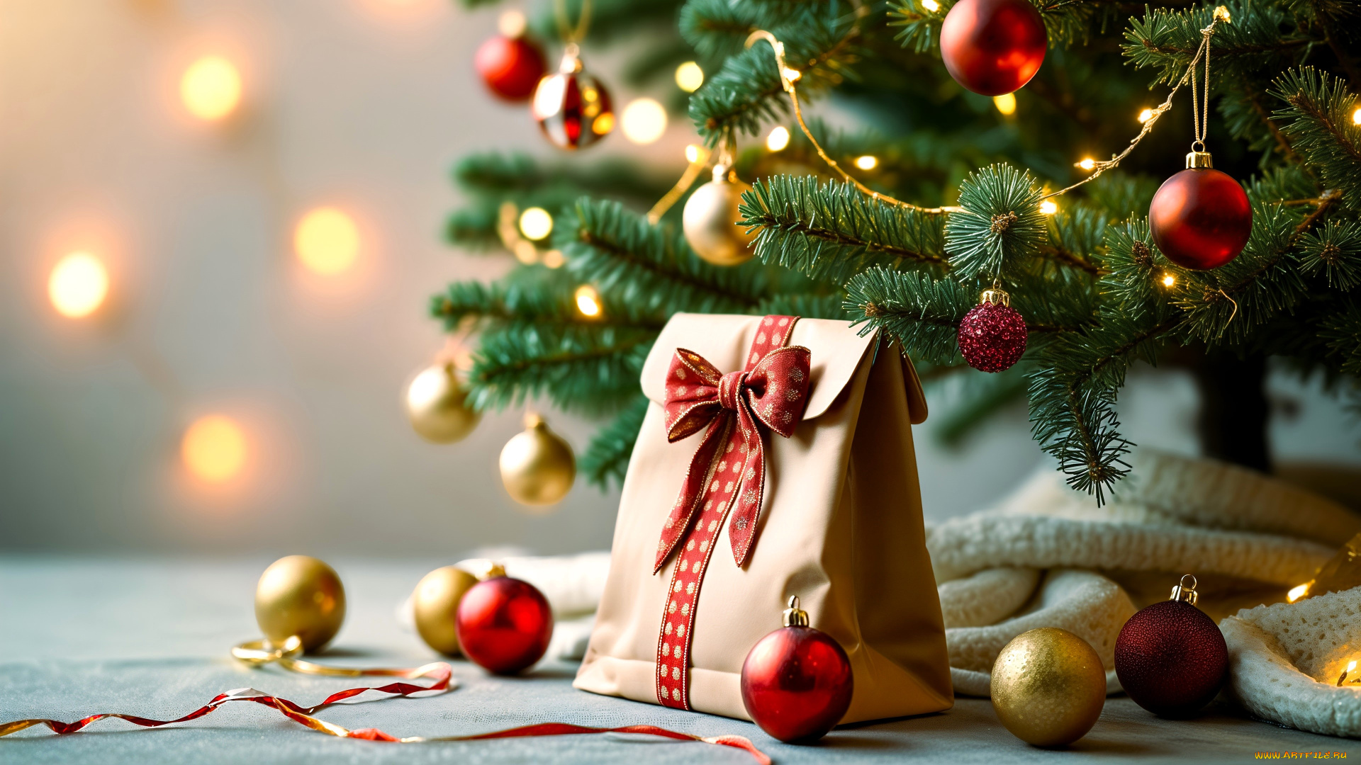 праздничные, подарки, и, коробочки, ёлка, шарики, украшения, пакет, подарок