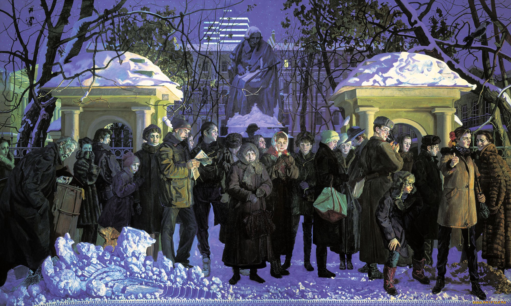 михаил, шаньков, рисованное, люди, остановка, снег, зима, здания, статуя