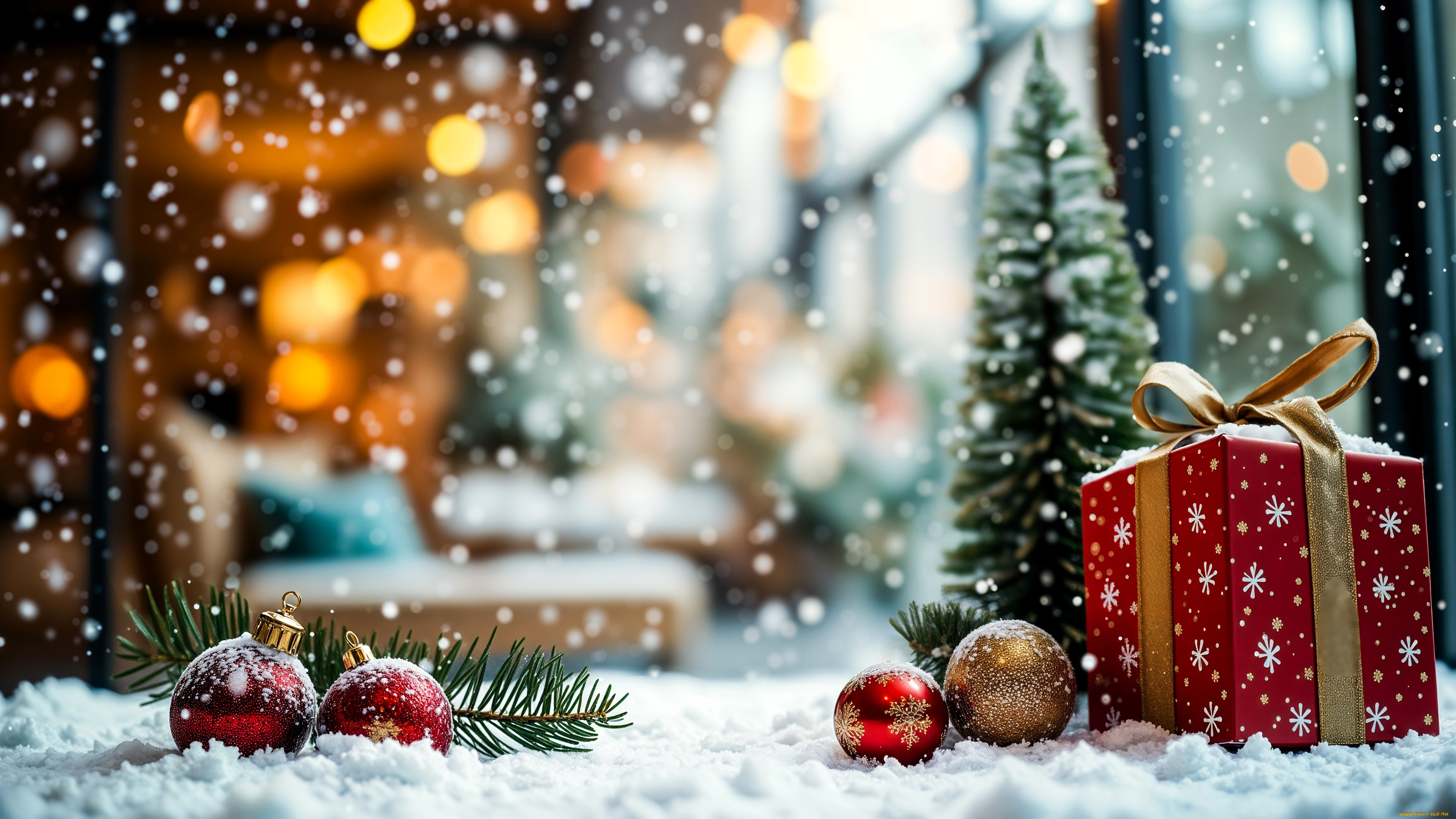 праздничные, подарки, и, коробочки, снег, шарики, украшения, ёлка, подарок