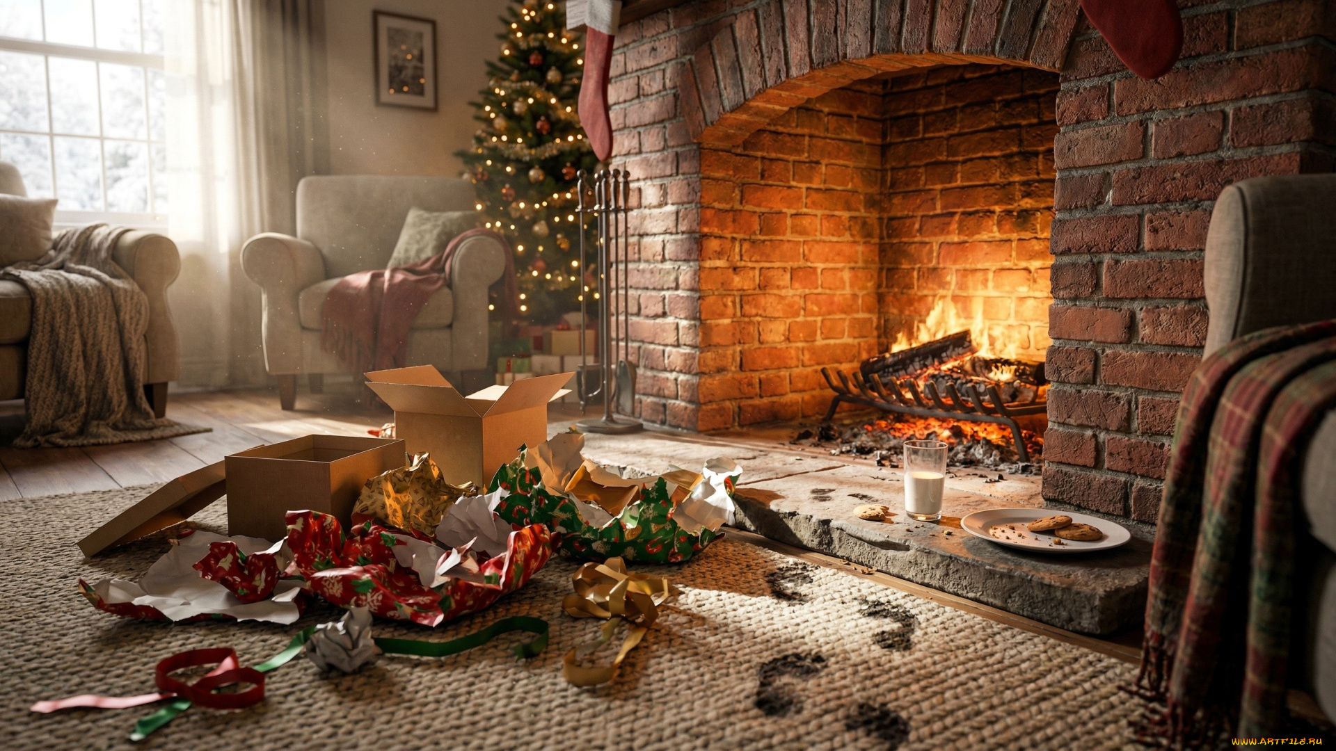 3д, графика, праздники, , holidays, камин, огонь, ёлка, новый, год, кресла, следы, ковер, упаковка