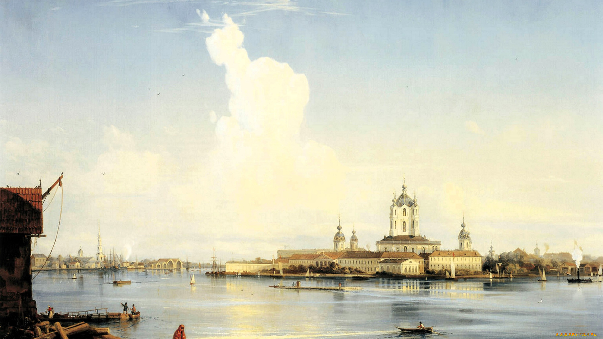 алексей, боголюбов, рисованное, дворец, люди, здания, озеро