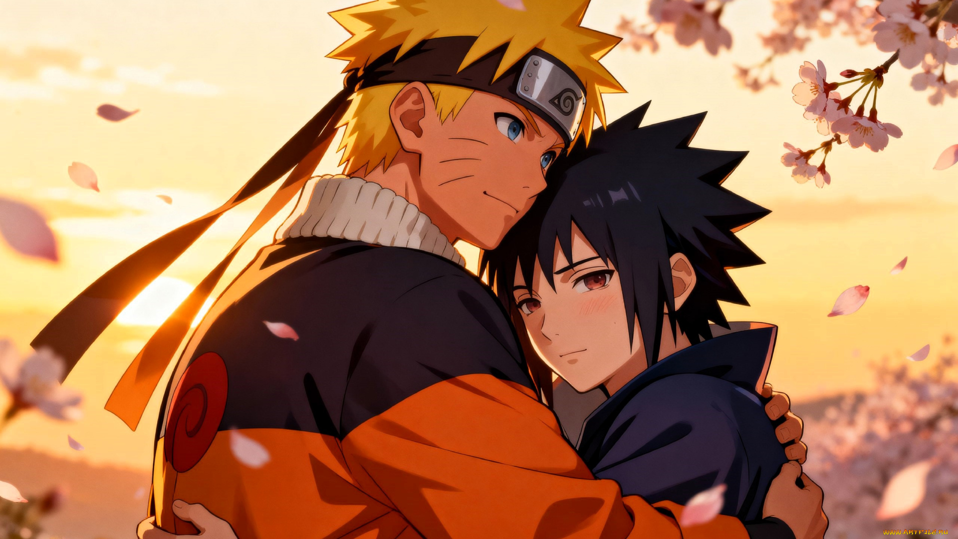 аниме, naruto, узумаки, наруто, учиха, саске, объятия, цветение