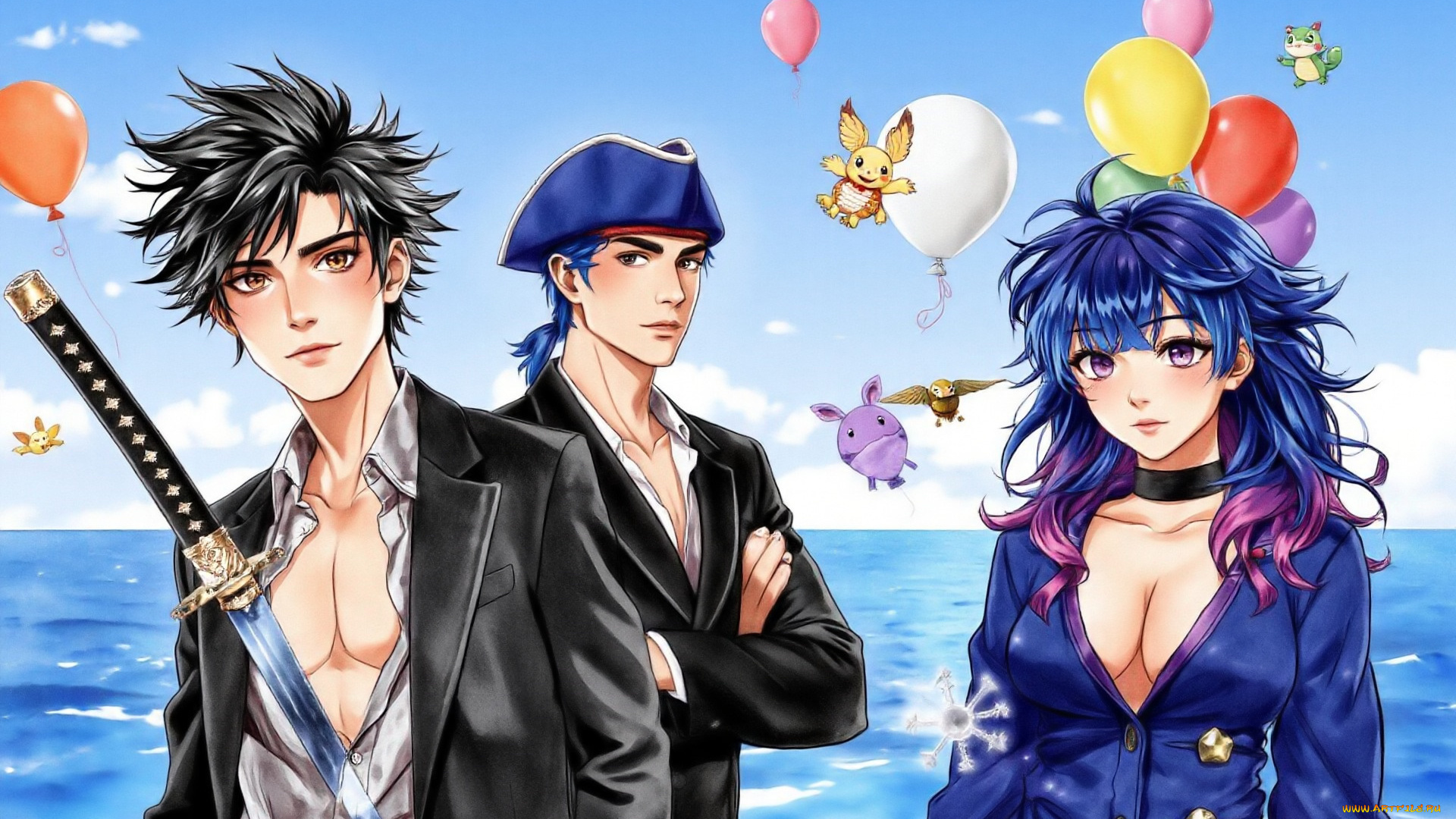 аниме, unknown, , другое, , парни, костюмы, меч, шляпа, девушка, море, шарики, существа
