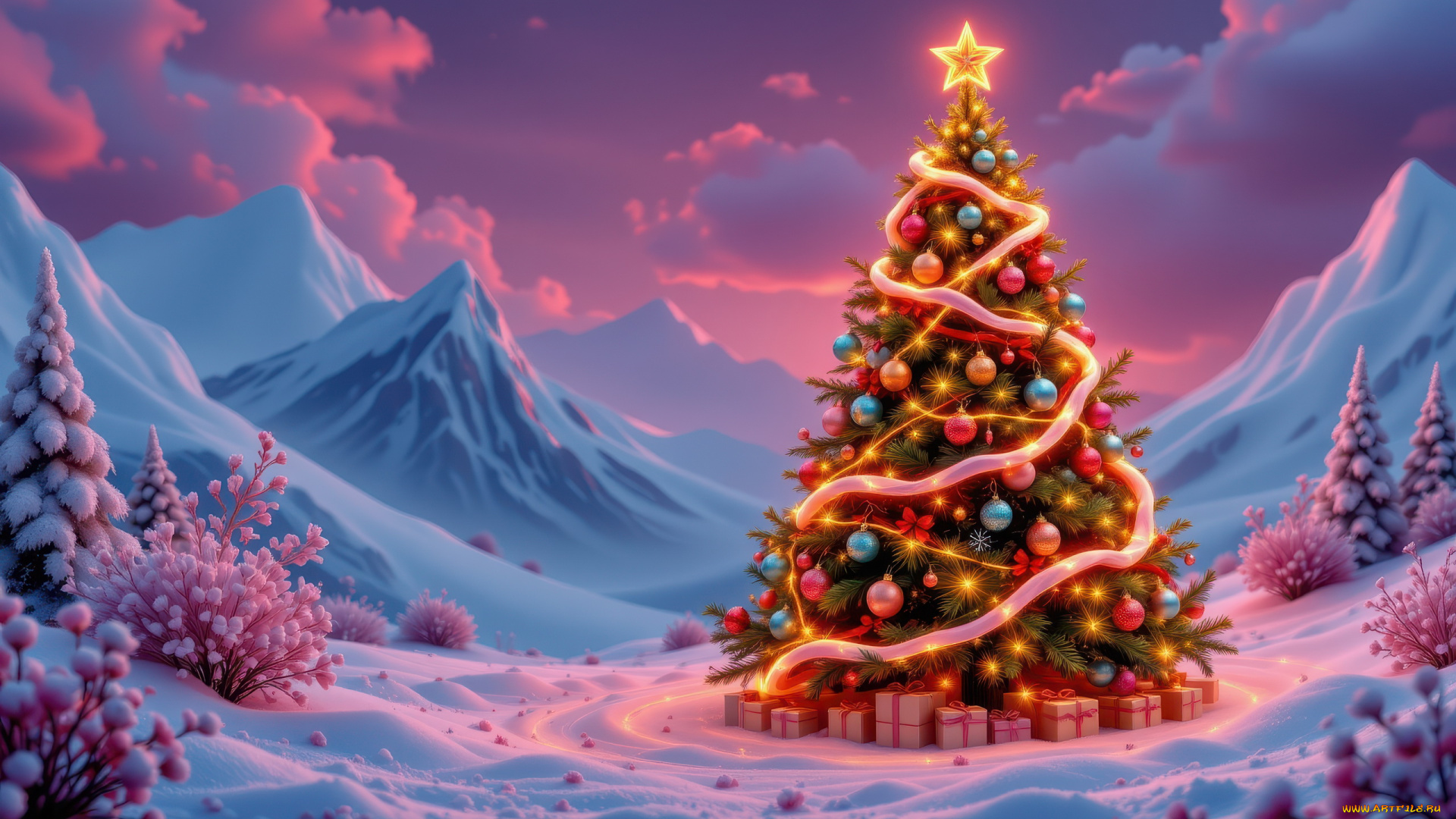 автор, wp, stl, 3д, графика, праздники, , holidays, горы, снег, елка, подарки