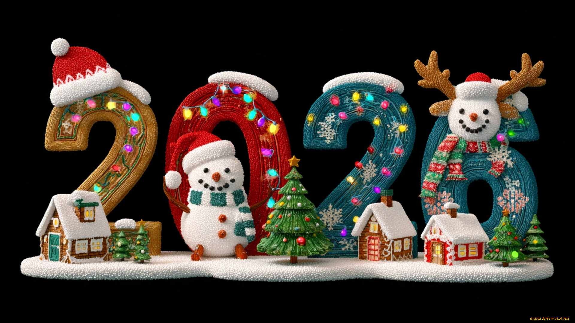 праздничные, 3д, графика, , новый, год, цифры, год, домики, олень, снеговик, ёлки