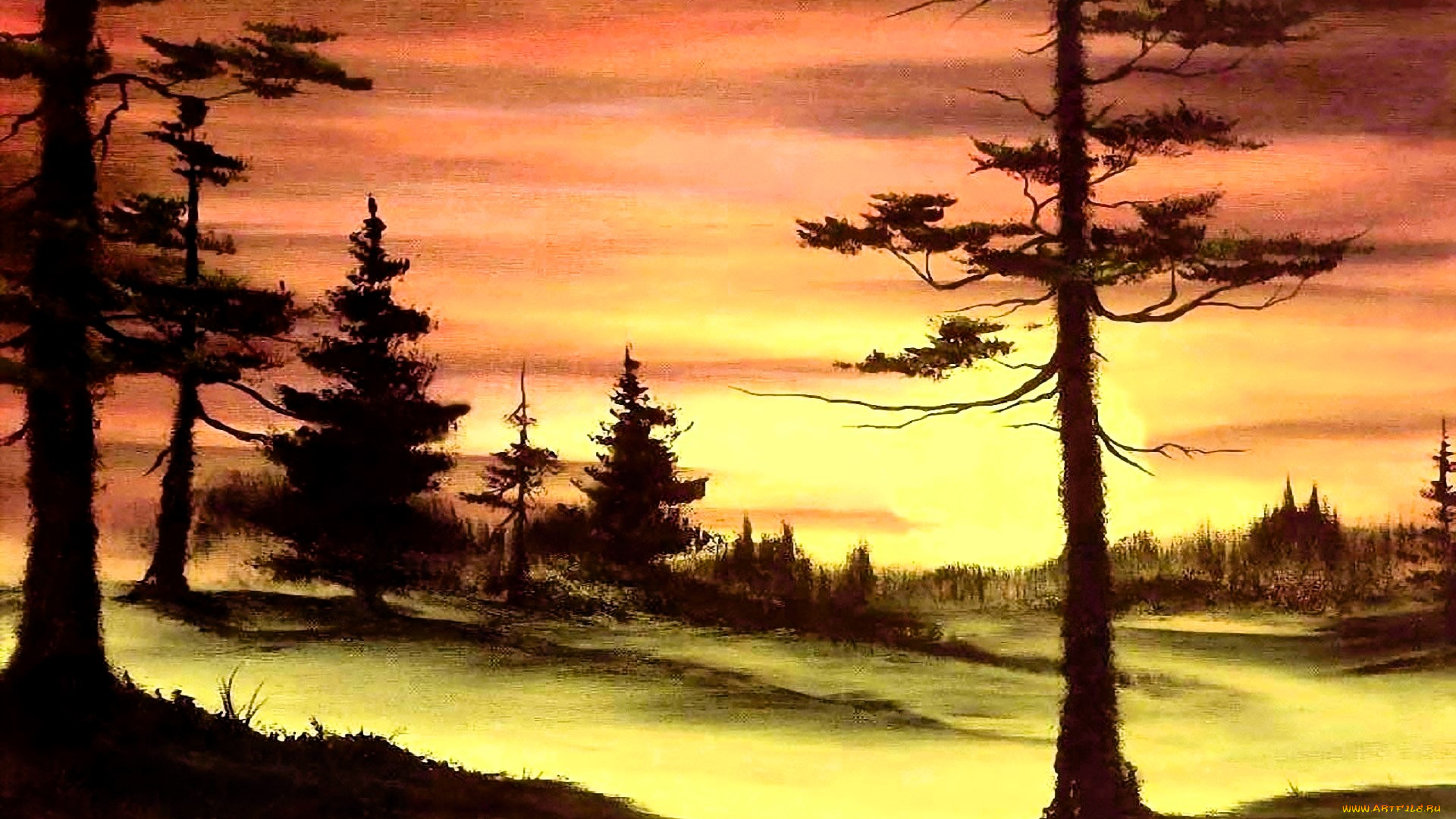 рисованное, bob, ross, природа, лес, деревья, закат