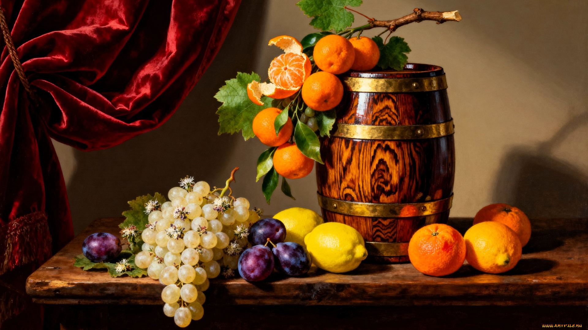 рисованное, еда, натюрморт, штора, стол, бочонок, фрукты, виноград, сливы, мандарины, лимоны, апельсины