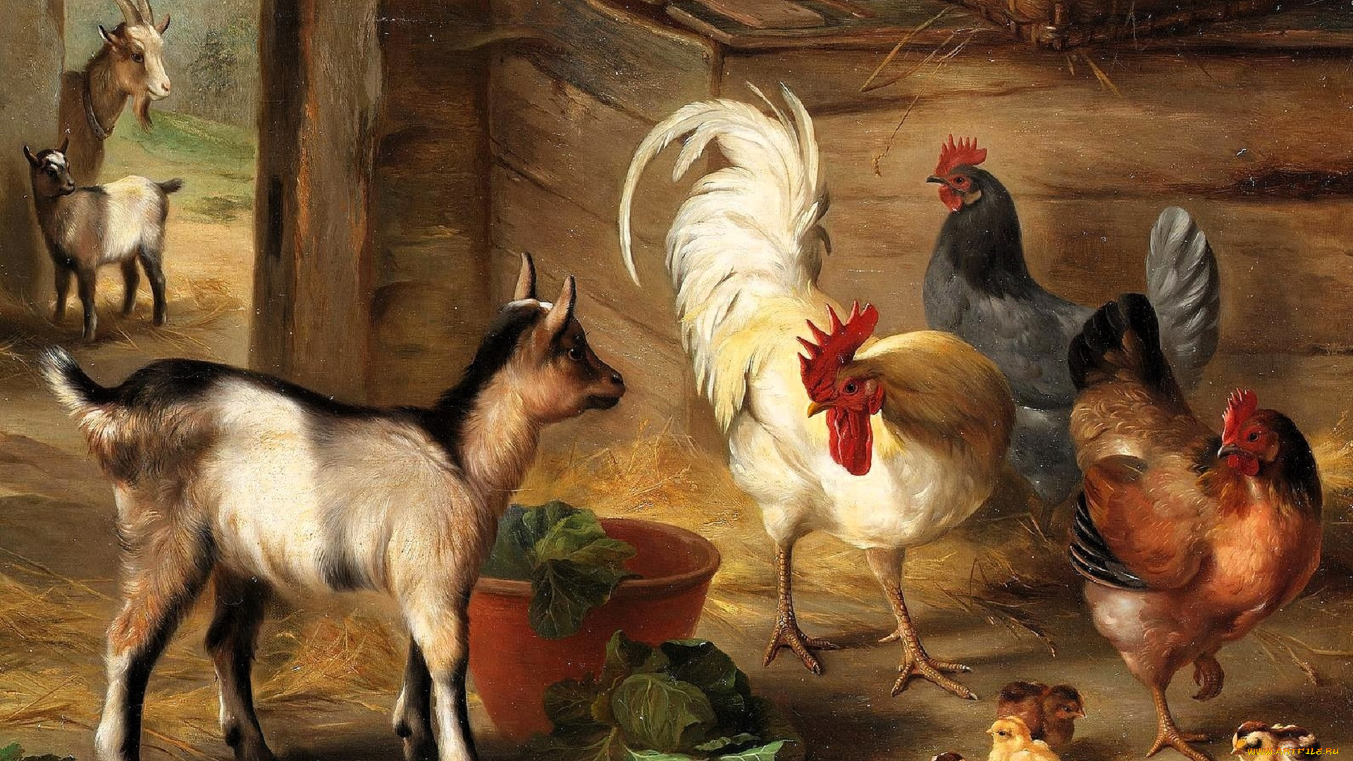 рисованное, edgar, hunt, сарай, козы, куры, сено, капуста
