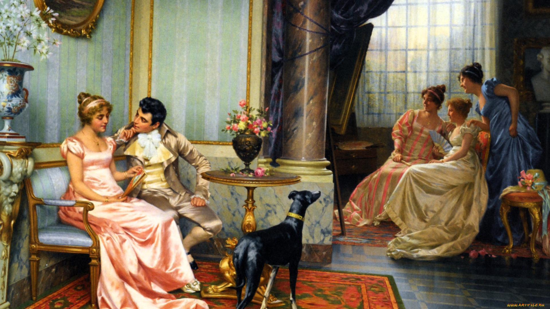 рисованное, vittorio, reggianini, дамы, джентельмен, салон, ковер, собака