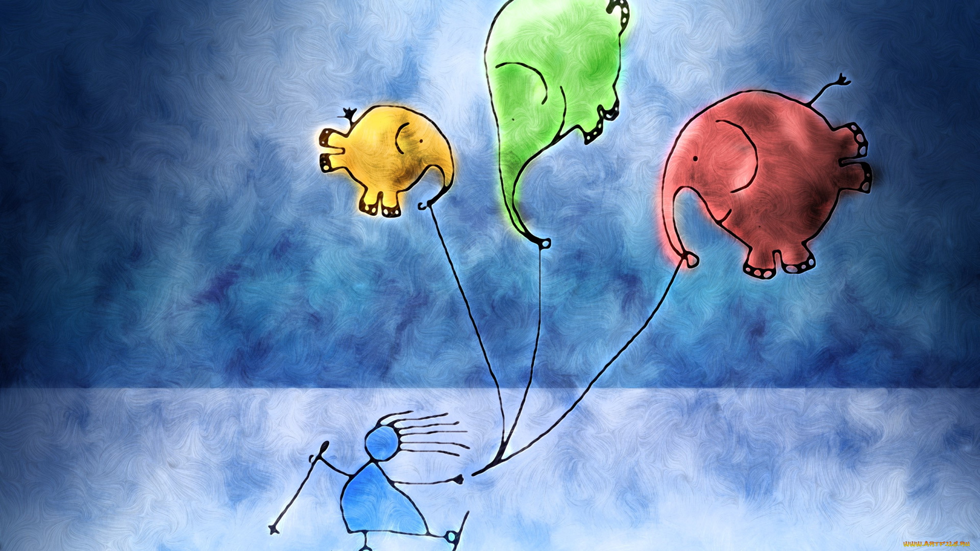 рисованное, vladstudio, человечек, лыжи, шарики, слоны