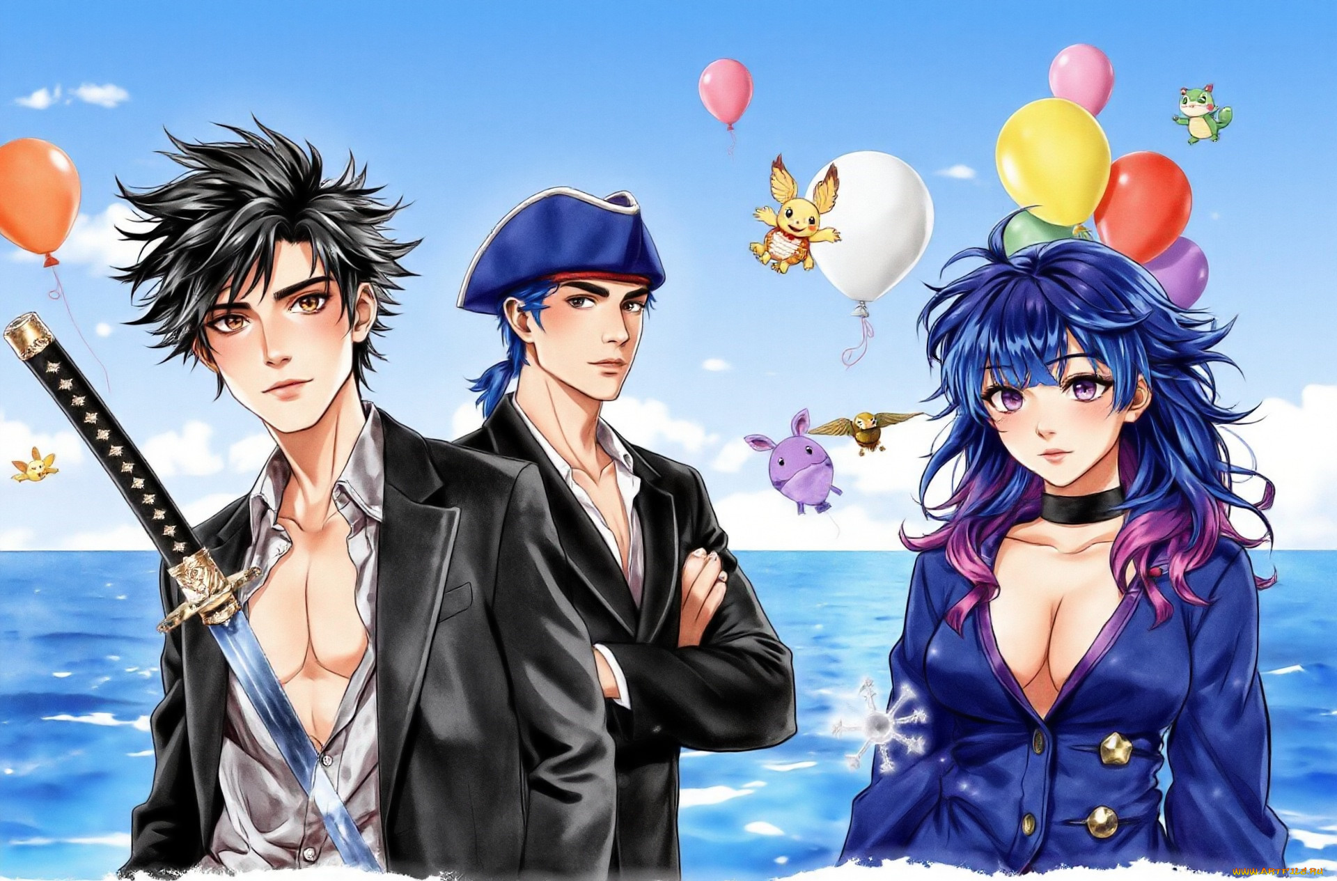 аниме, unknown, , другое, , парни, костюмы, меч, шляпа, девушка, море, шарики, существа