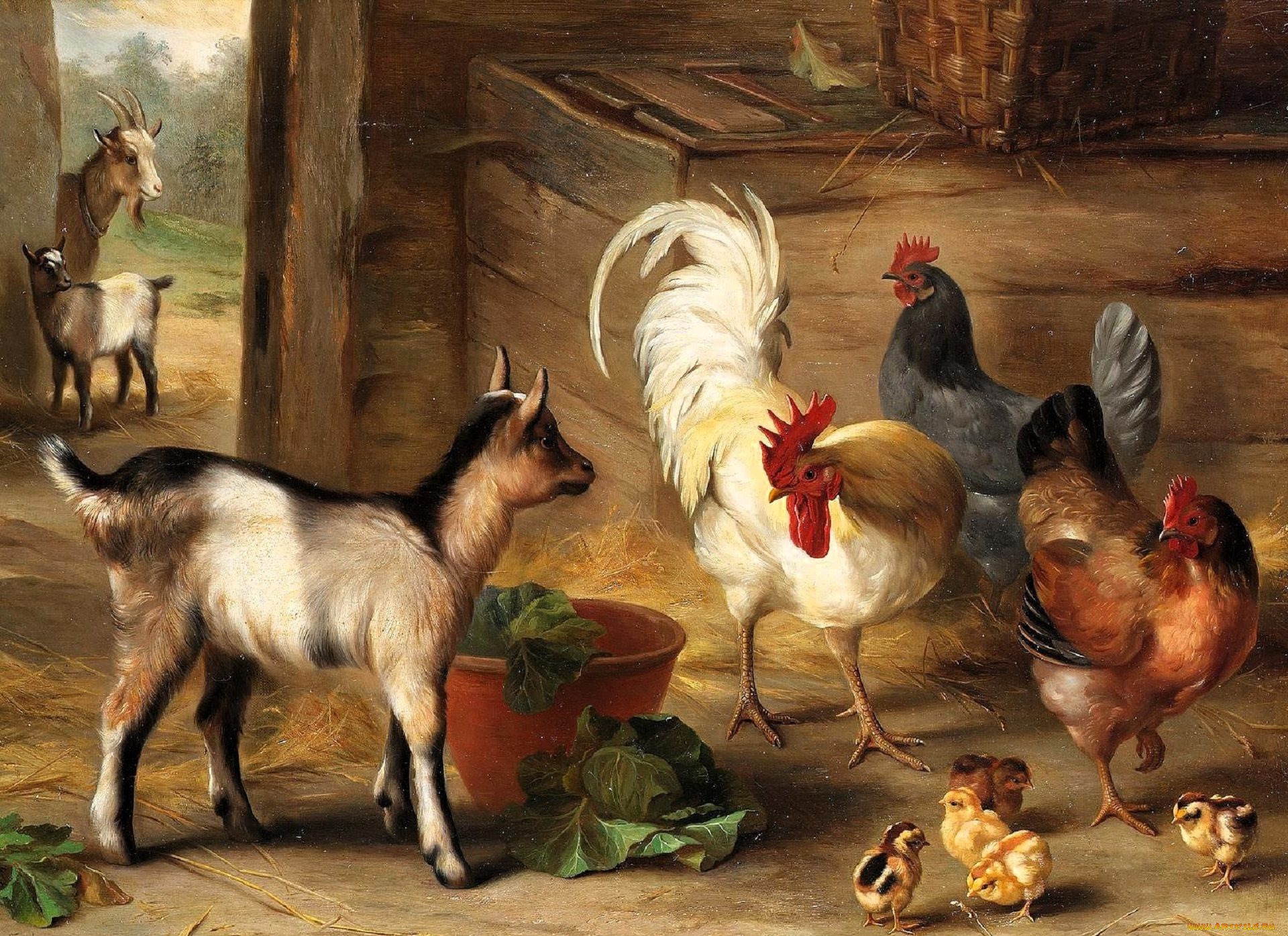 рисованное, edgar, hunt, сарай, козы, куры, сено, капуста