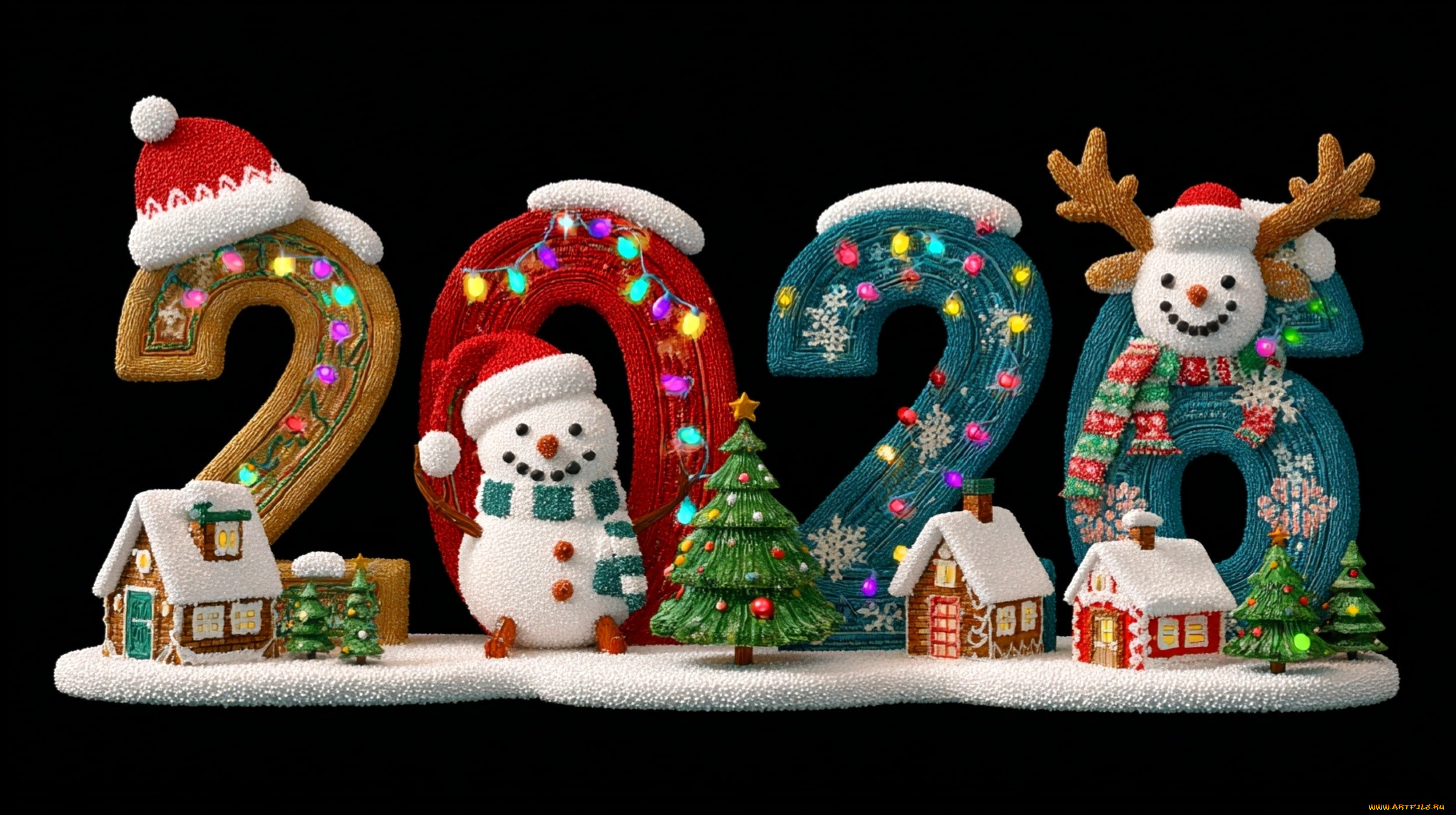 праздничные, 3д, графика, , новый, год, цифры, год, домики, олень, снеговик, ёлки