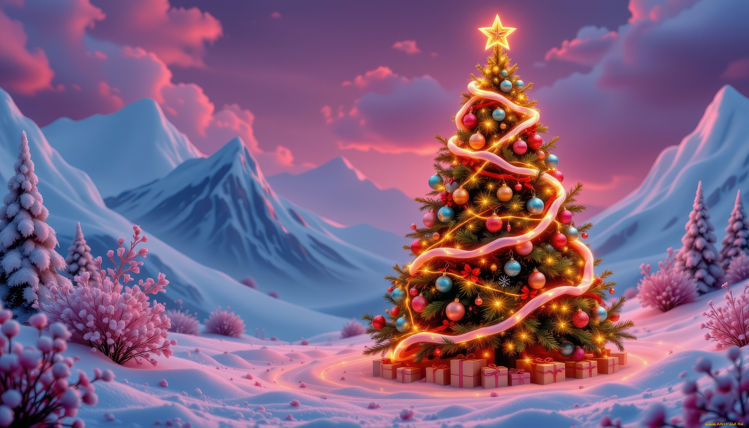 автор, wp, stl, 3д, графика, праздники, , holidays, горы, снег, елка, подарки